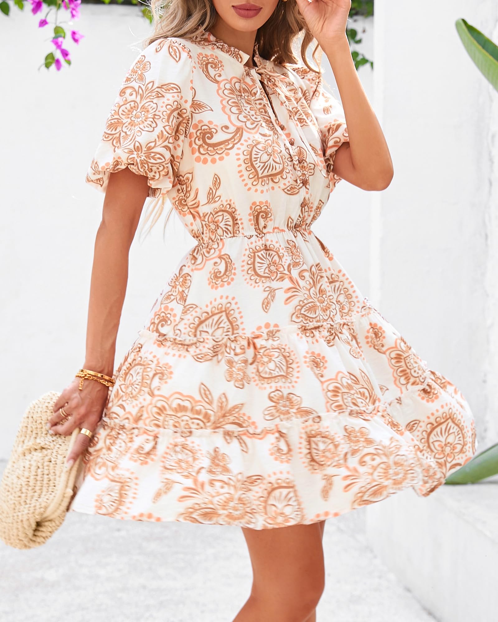 Foto 6 pulgar | Vestido Btfbm Para Mujer, Estampado Floral, Cuello En V, Manga Corta, Volantes - Venta Internacional.