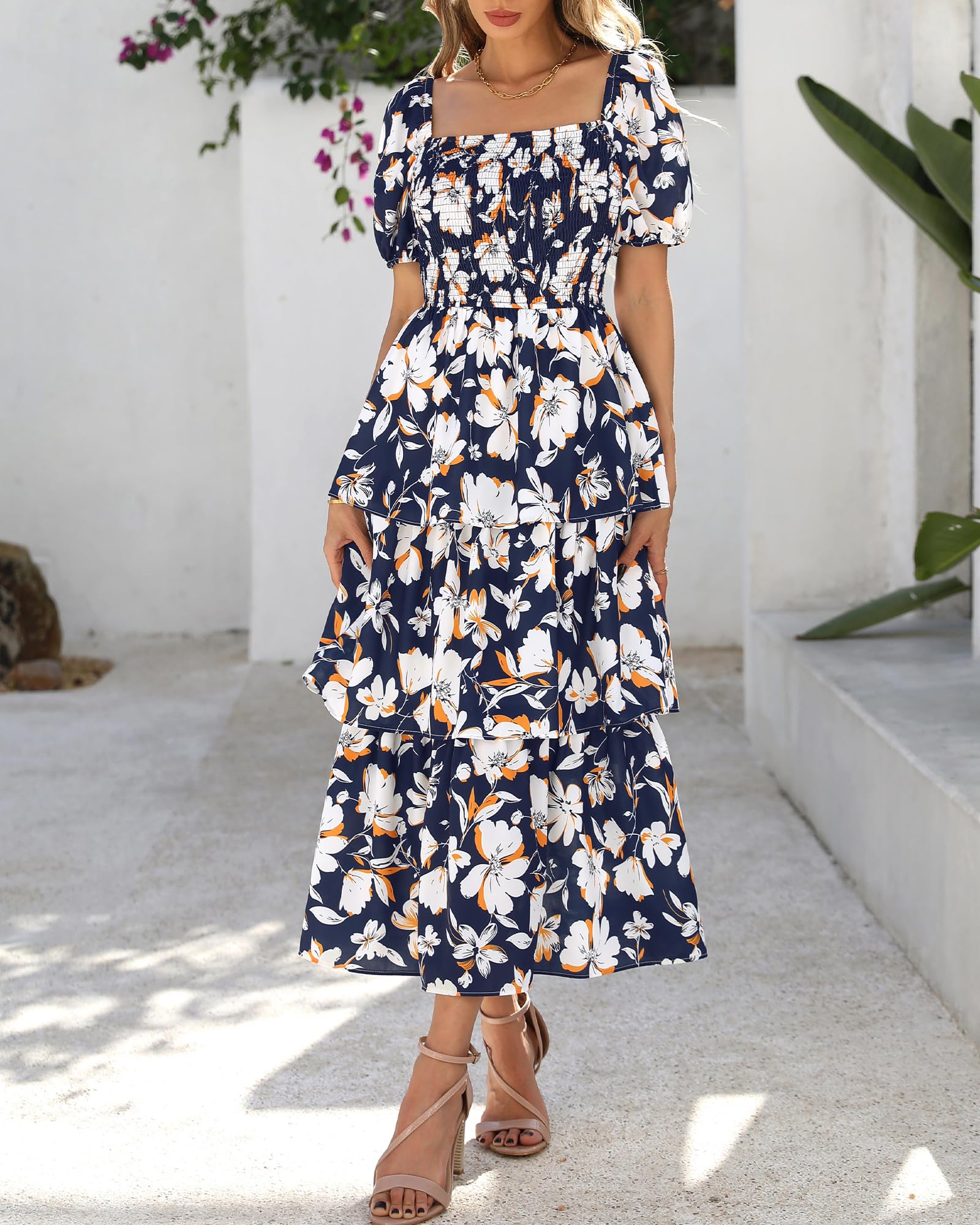 Foto 2 | Vestido Casual Btfbm Para Mujer Con Cuello Cuadrado, Estampado Floral, Xxl - Venta Internacional.