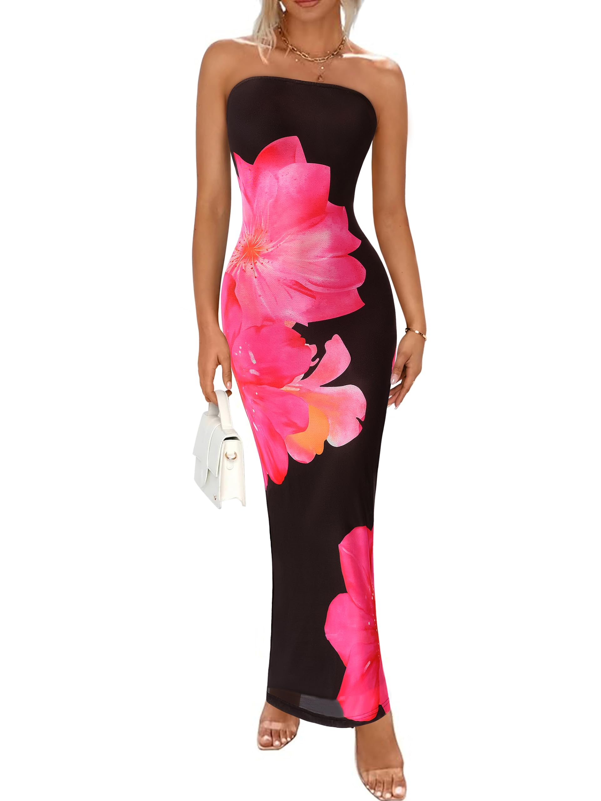 Vestido Largo Prettygarden Para Mujer, Sin Tirantes, De Malla Floral, Negro - Venta Internacional.