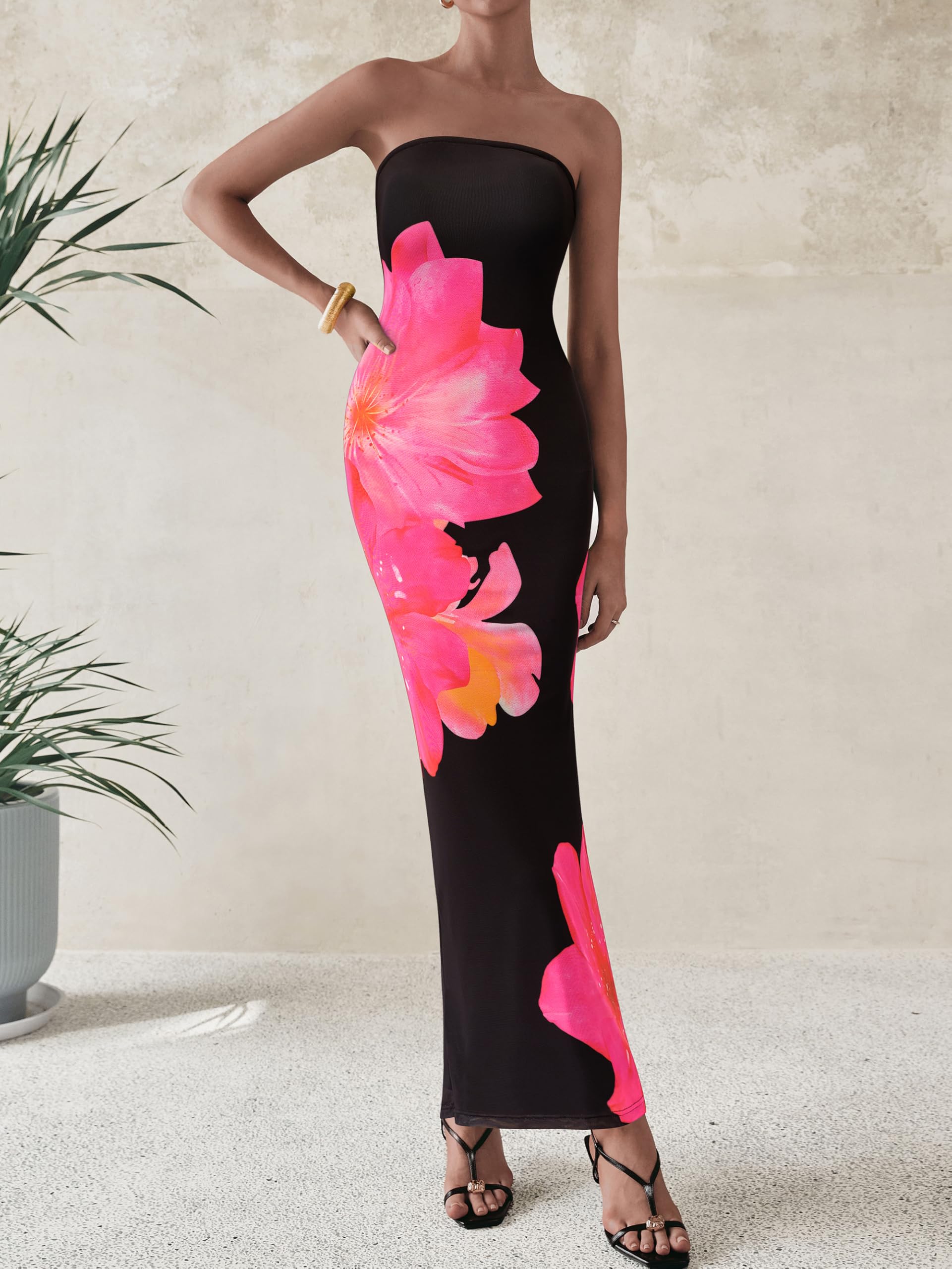 Foto 2 | Vestido Largo Prettygarden Para Mujer, Sin Tirantes, De Malla Floral, Negro - Venta Internacional.