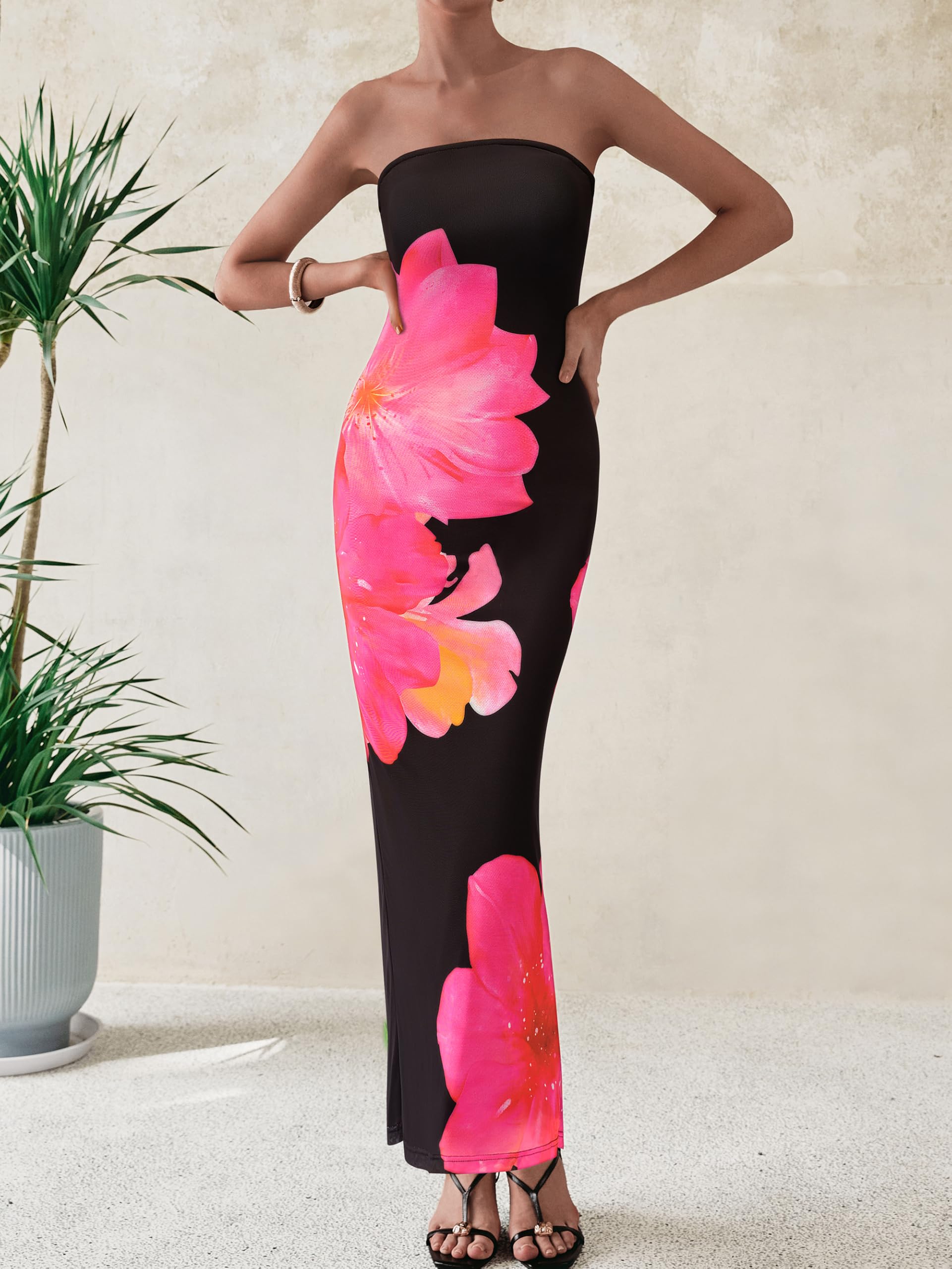 Foto 3 | Vestido Largo Prettygarden Para Mujer, Sin Tirantes, De Malla Floral, Negro - Venta Internacional.