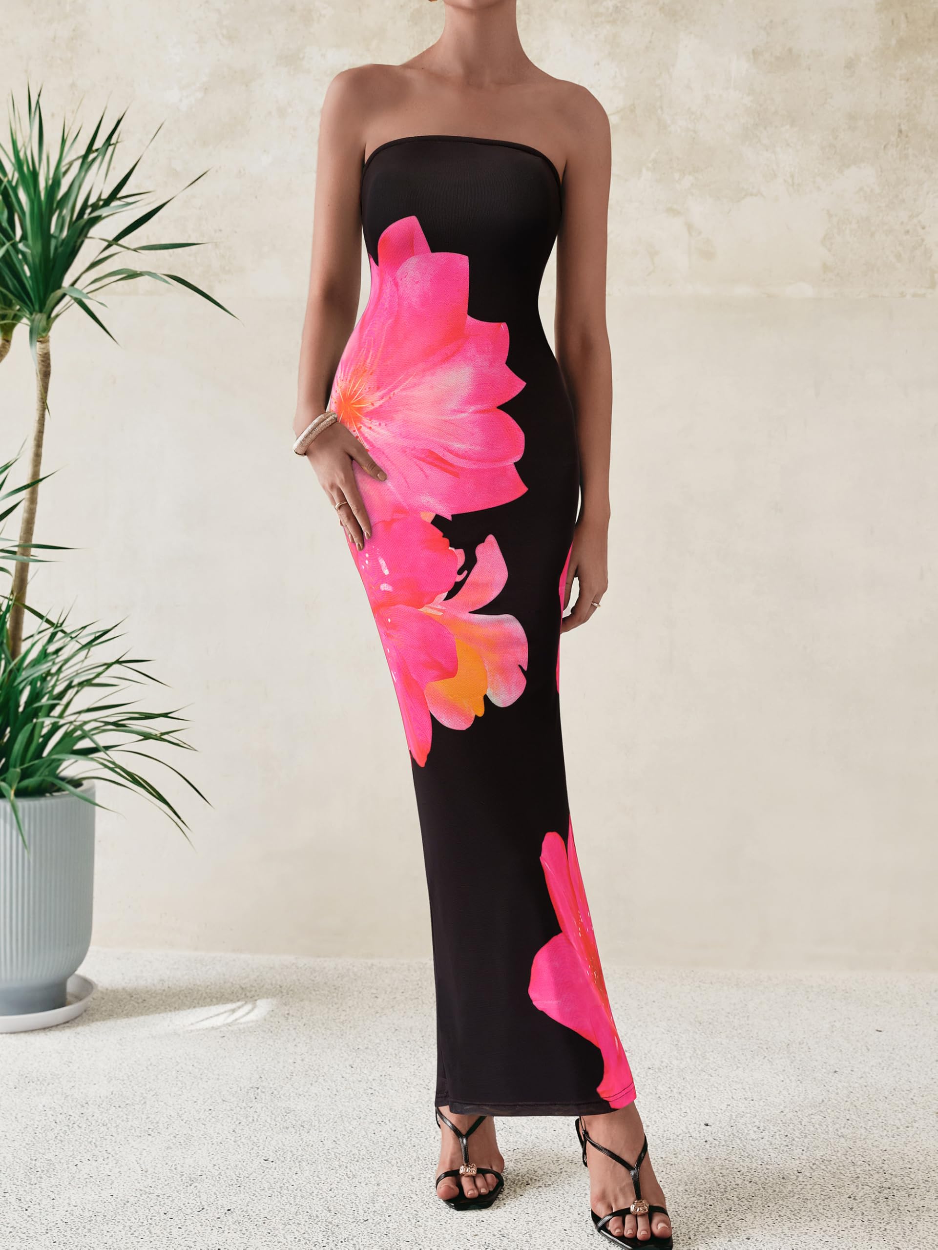 Foto 5 | Vestido Largo Prettygarden Para Mujer, Sin Tirantes, De Malla Floral, Negro - Venta Internacional.