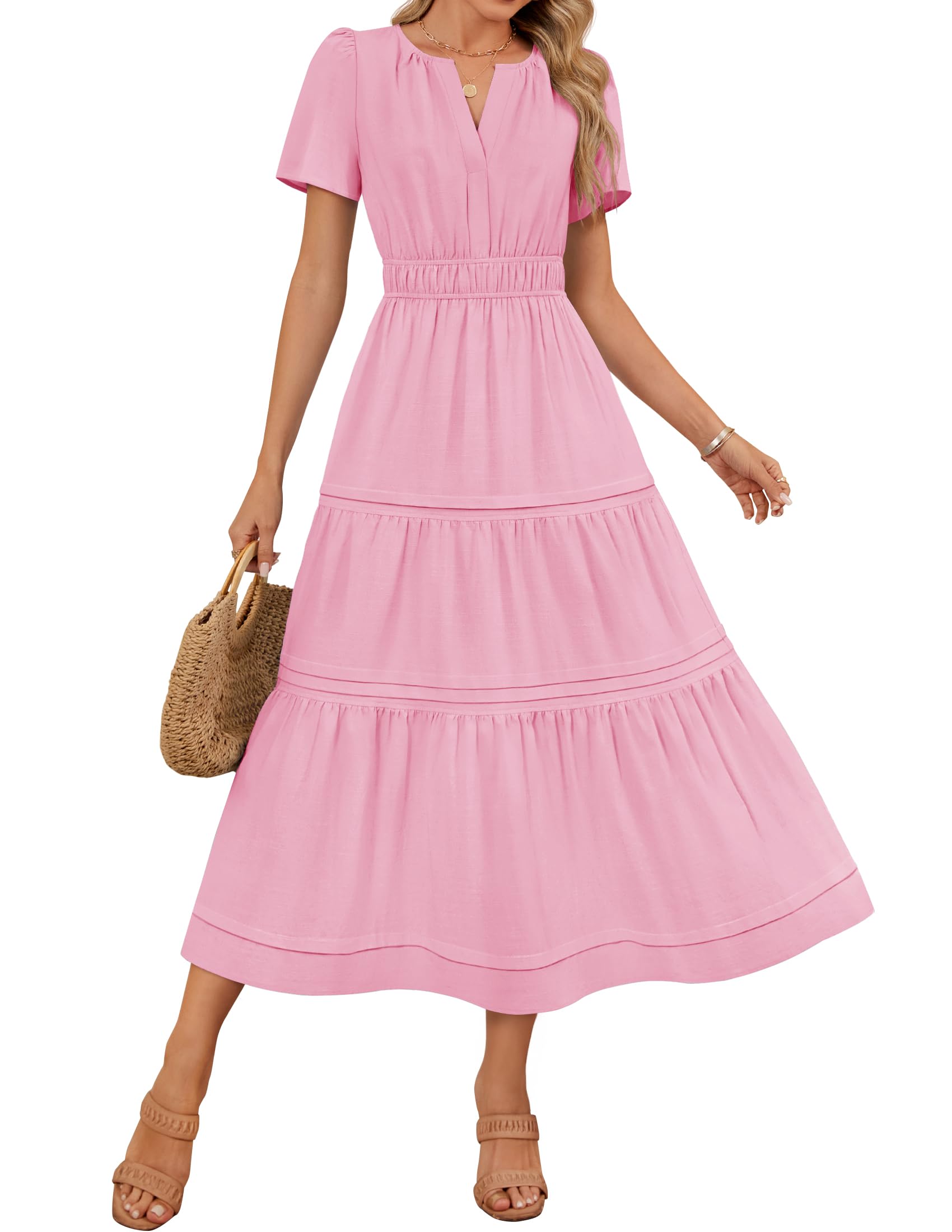 Foto 2 pulgar | Vestido Midi Zesica, Casual De Verano, Cuello En V, Cintura Elástica, Rosa - Venta Internacional.