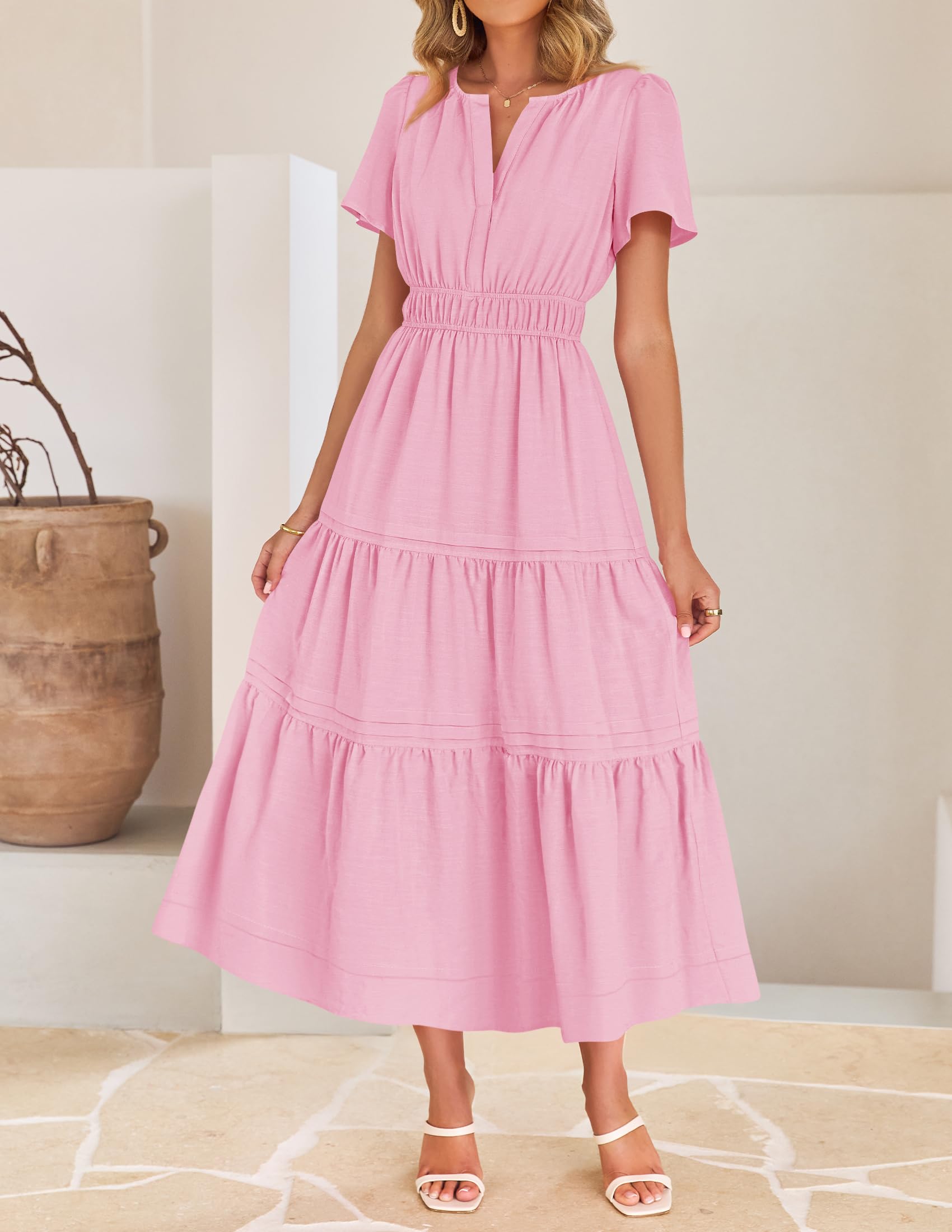 Foto 3 pulgar | Vestido Midi Zesica, Casual De Verano, Cuello En V, Cintura Elástica, Rosa - Venta Internacional.