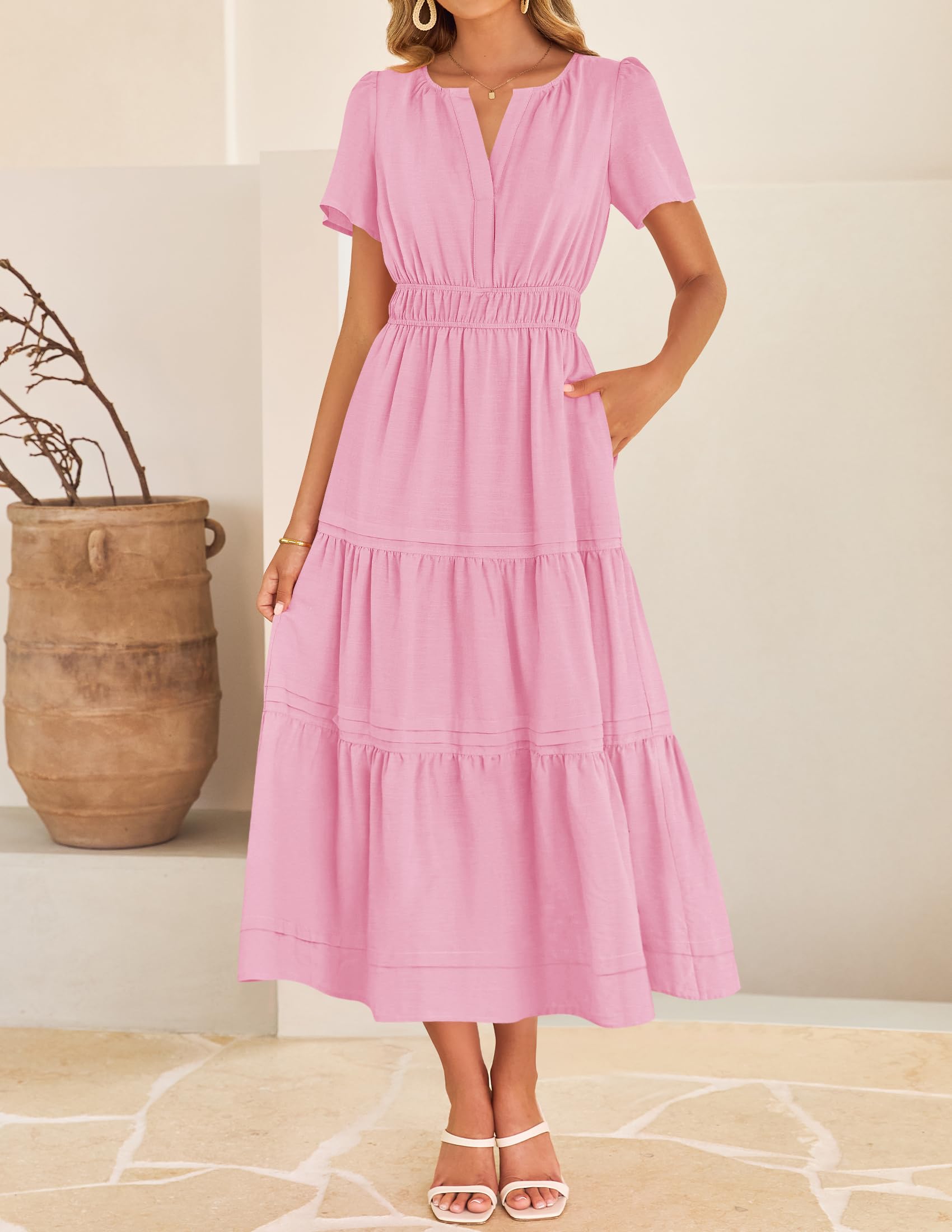 Foto 4 pulgar | Vestido Midi Zesica, Casual De Verano, Cuello En V, Cintura Elástica, Rosa - Venta Internacional.