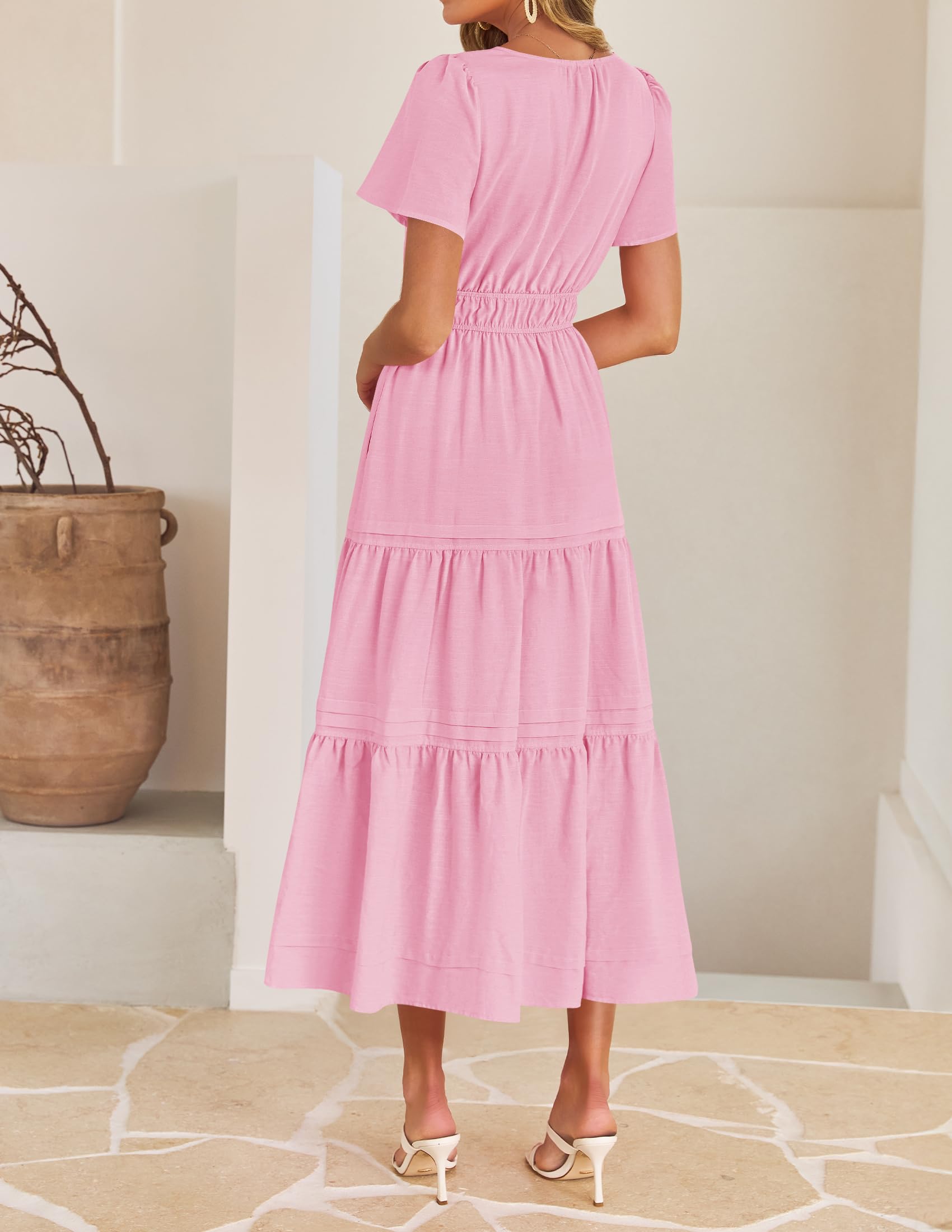 Foto 5 pulgar | Vestido Midi Zesica, Casual De Verano, Cuello En V, Cintura Elástica, Rosa - Venta Internacional.