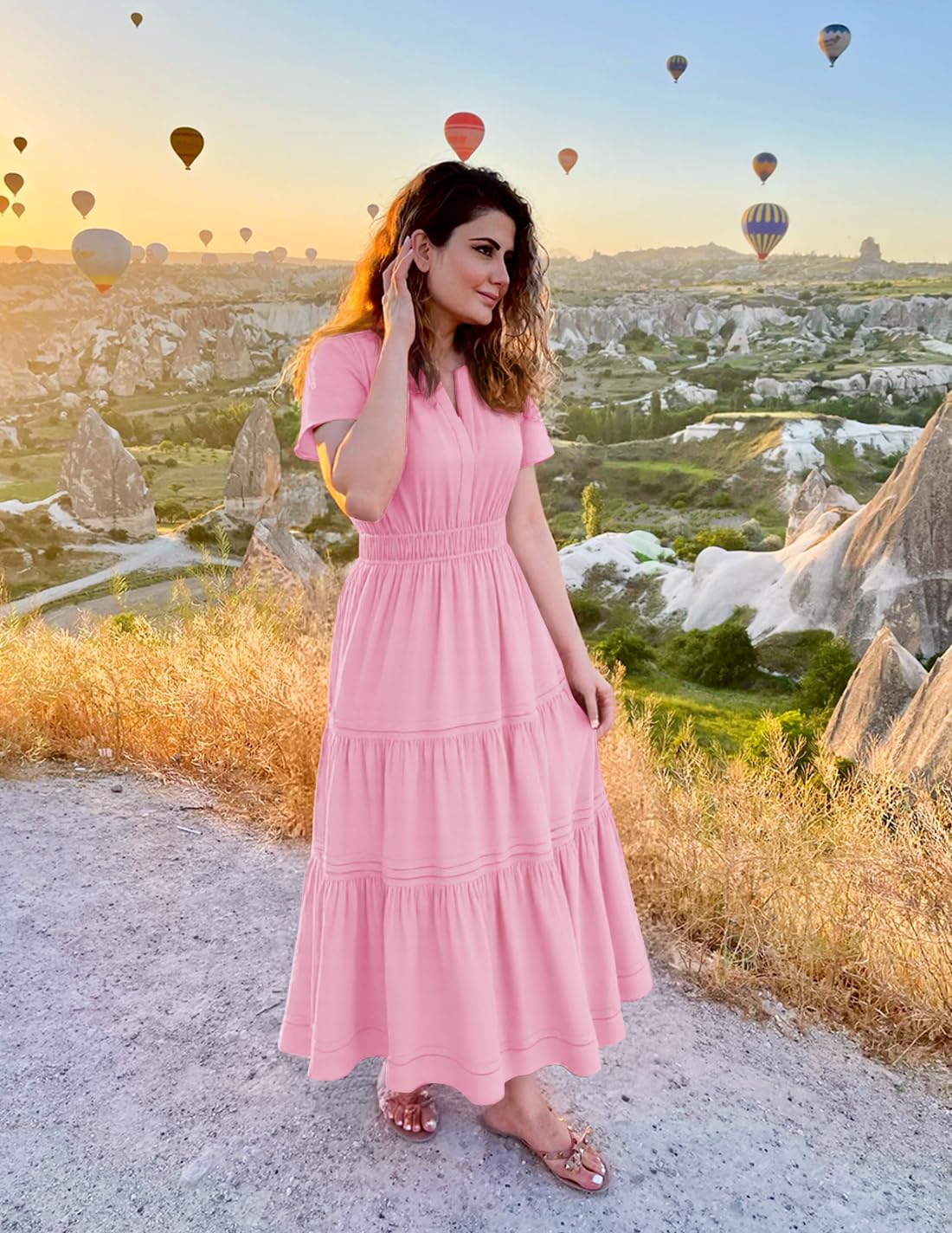 Foto 6 pulgar | Vestido Midi Zesica, Casual De Verano, Cuello En V, Cintura Elástica, Rosa - Venta Internacional.