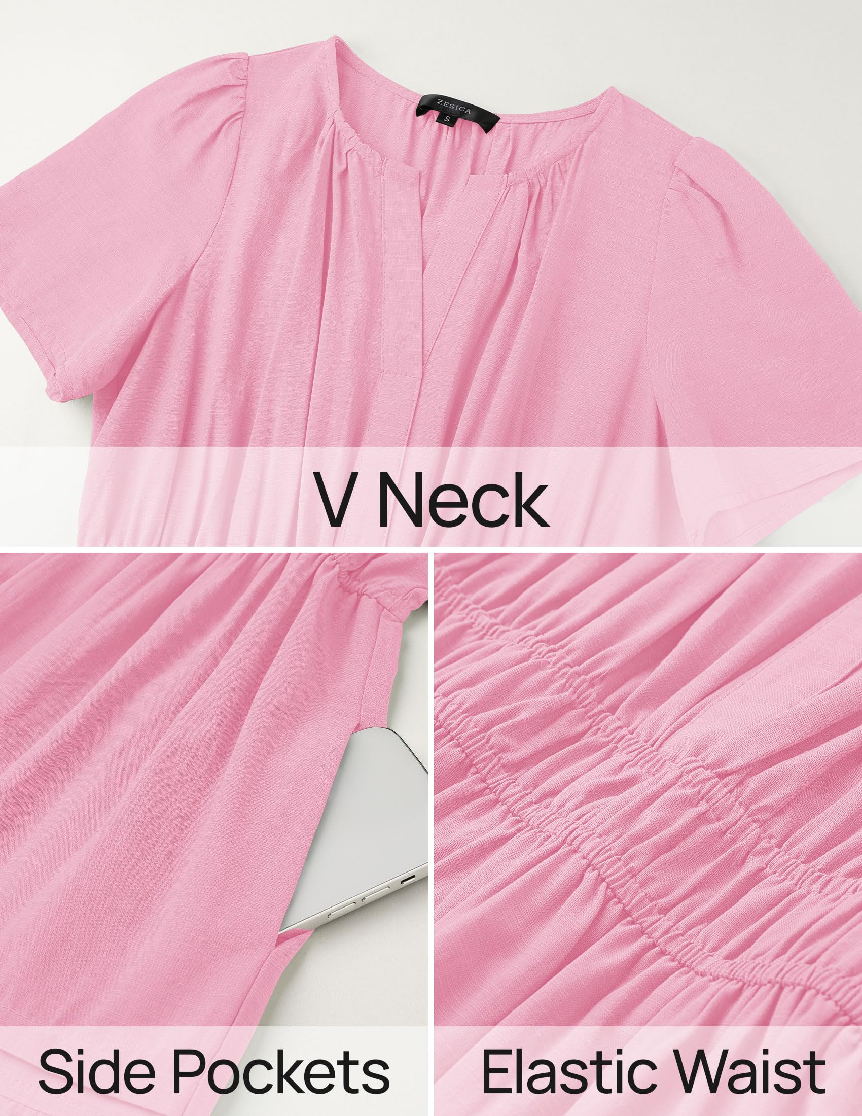 Foto 7 pulgar | Vestido Midi Zesica, Casual De Verano, Cuello En V, Cintura Elástica, Rosa - Venta Internacional.