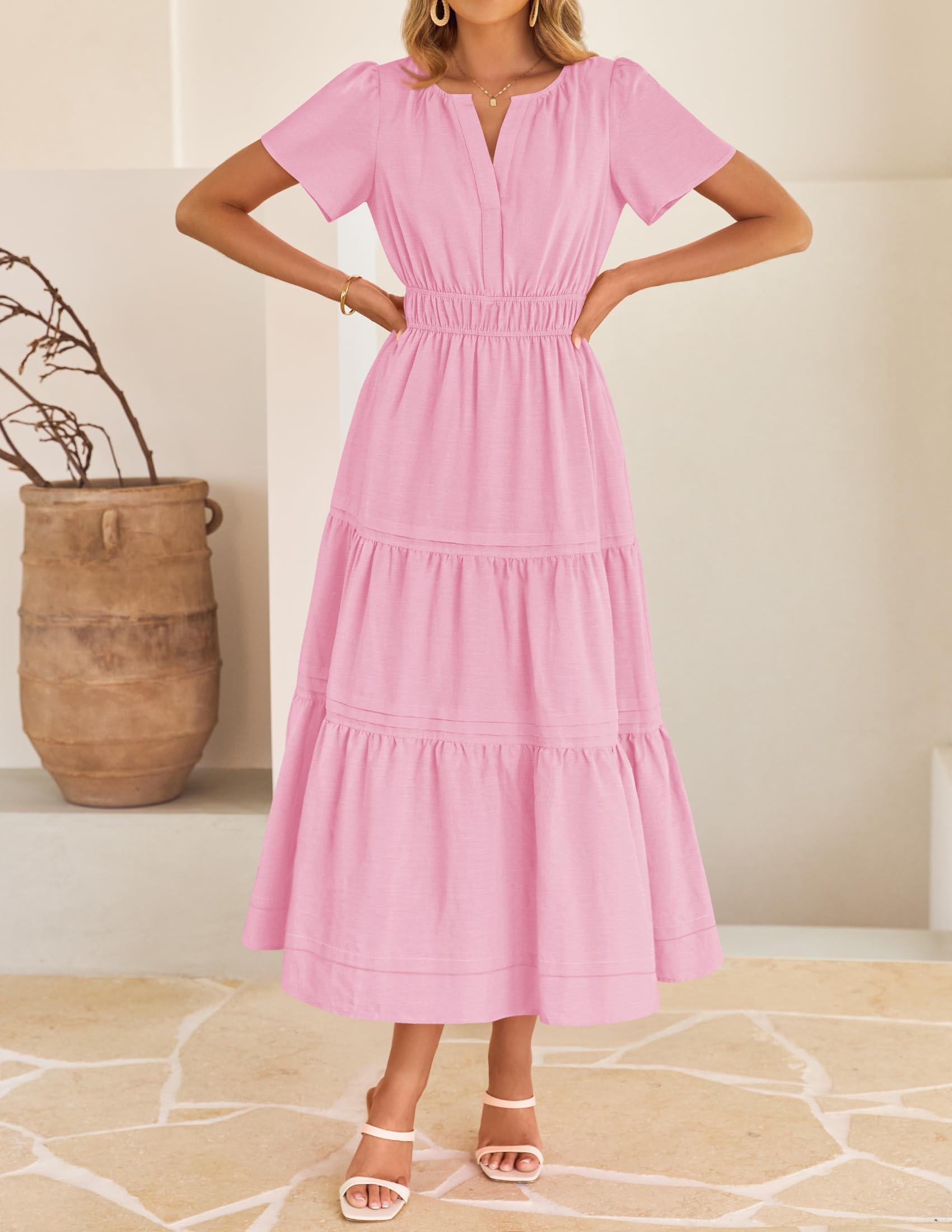 Foto 8 pulgar | Vestido Midi Zesica, Casual De Verano, Cuello En V, Cintura Elástica, Rosa - Venta Internacional.