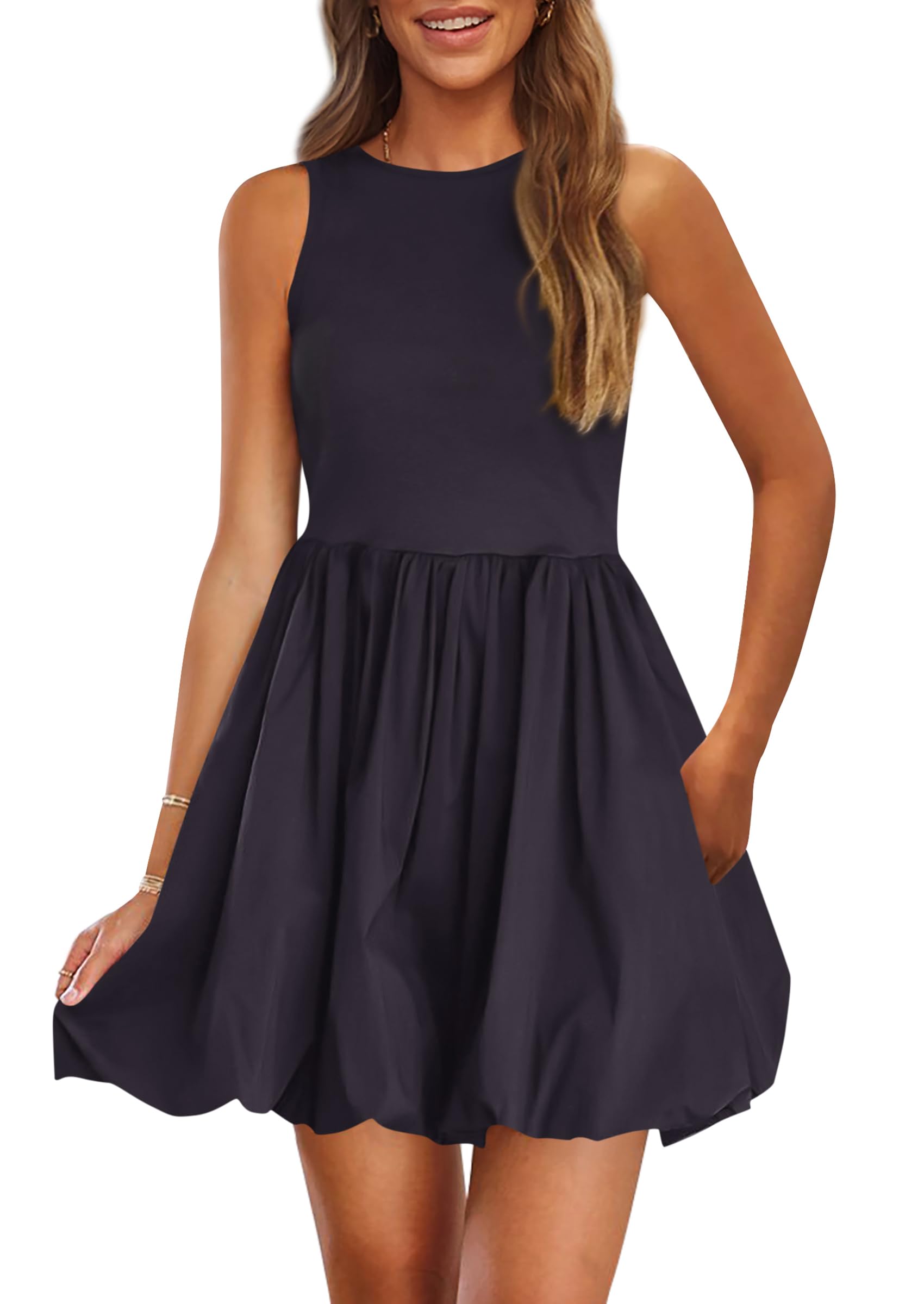 Foto 1 | Vestido De Verano Prettygarden 2025 Sin Mangas Con Cuello Redondo Azul Marino - Venta Internacional.