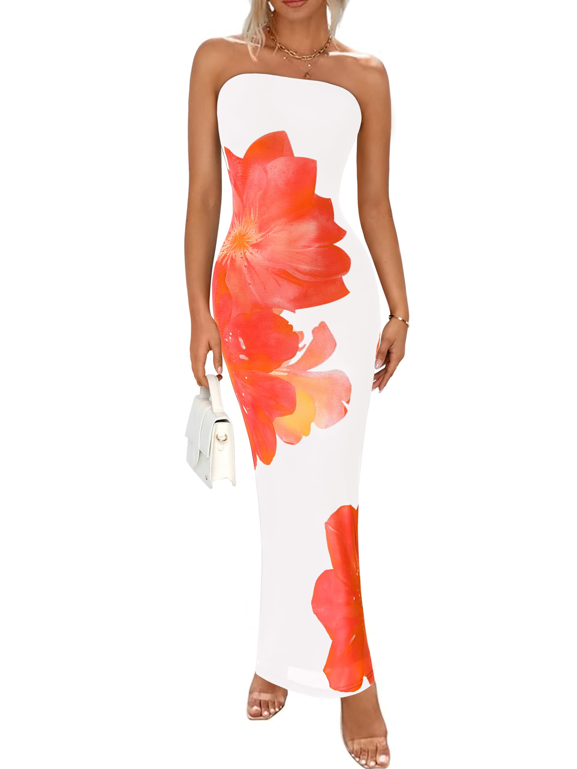 Foto 2 pulgar | Vestido Largo Prettygarden Ajustado Sin Tirantes Con Estampado Floral Para Mujer - Venta Internacional.