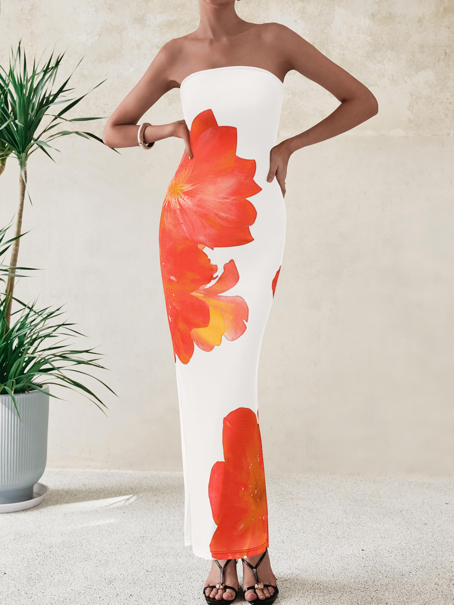 Foto 4 pulgar | Vestido Largo Prettygarden Ajustado Sin Tirantes Con Estampado Floral Para Mujer - Venta Internacional.