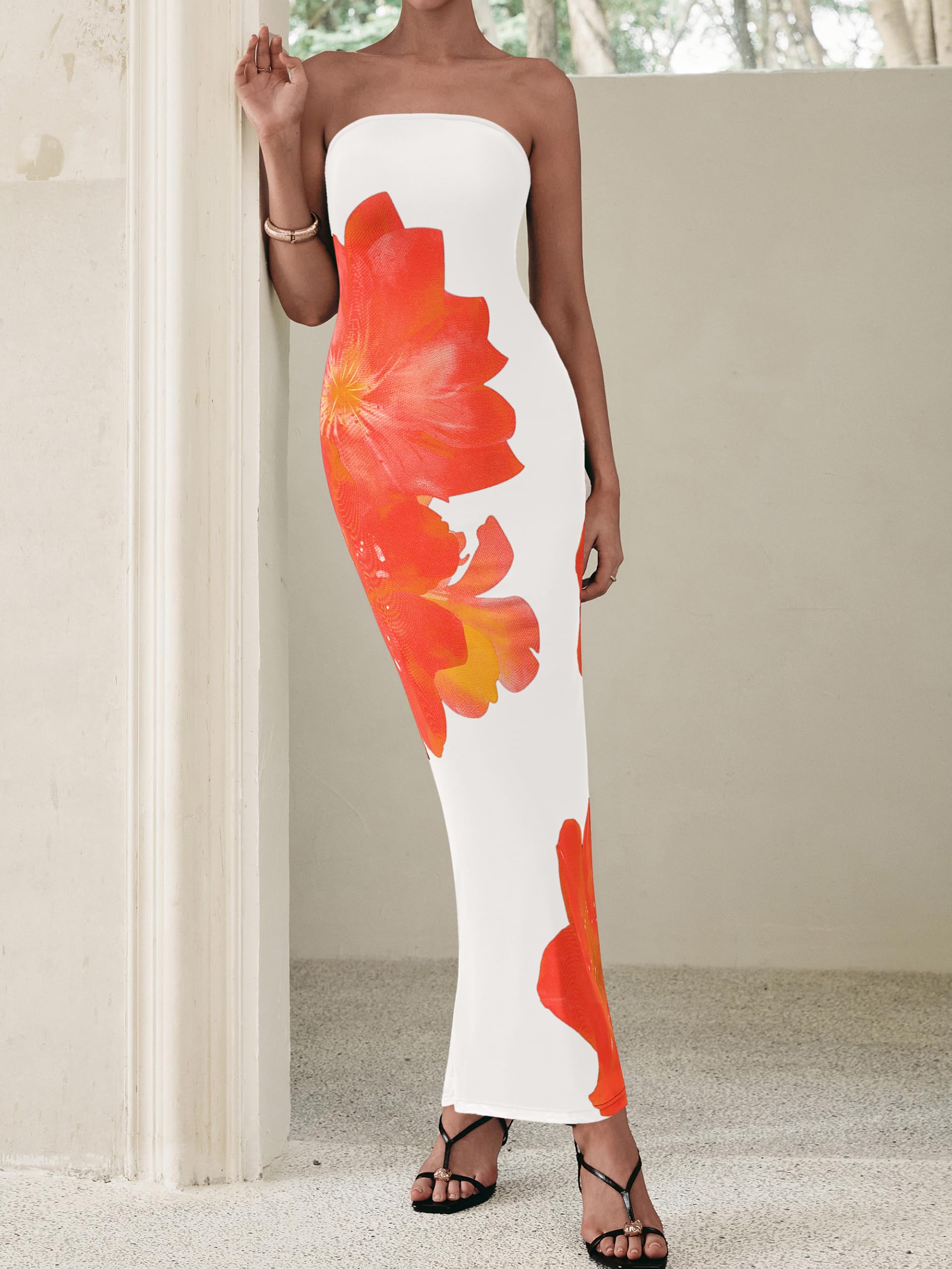 Foto 4 | Vestido Largo Prettygarden Ajustado Sin Tirantes Con Estampado Floral Para Mujer - Venta Internacional.