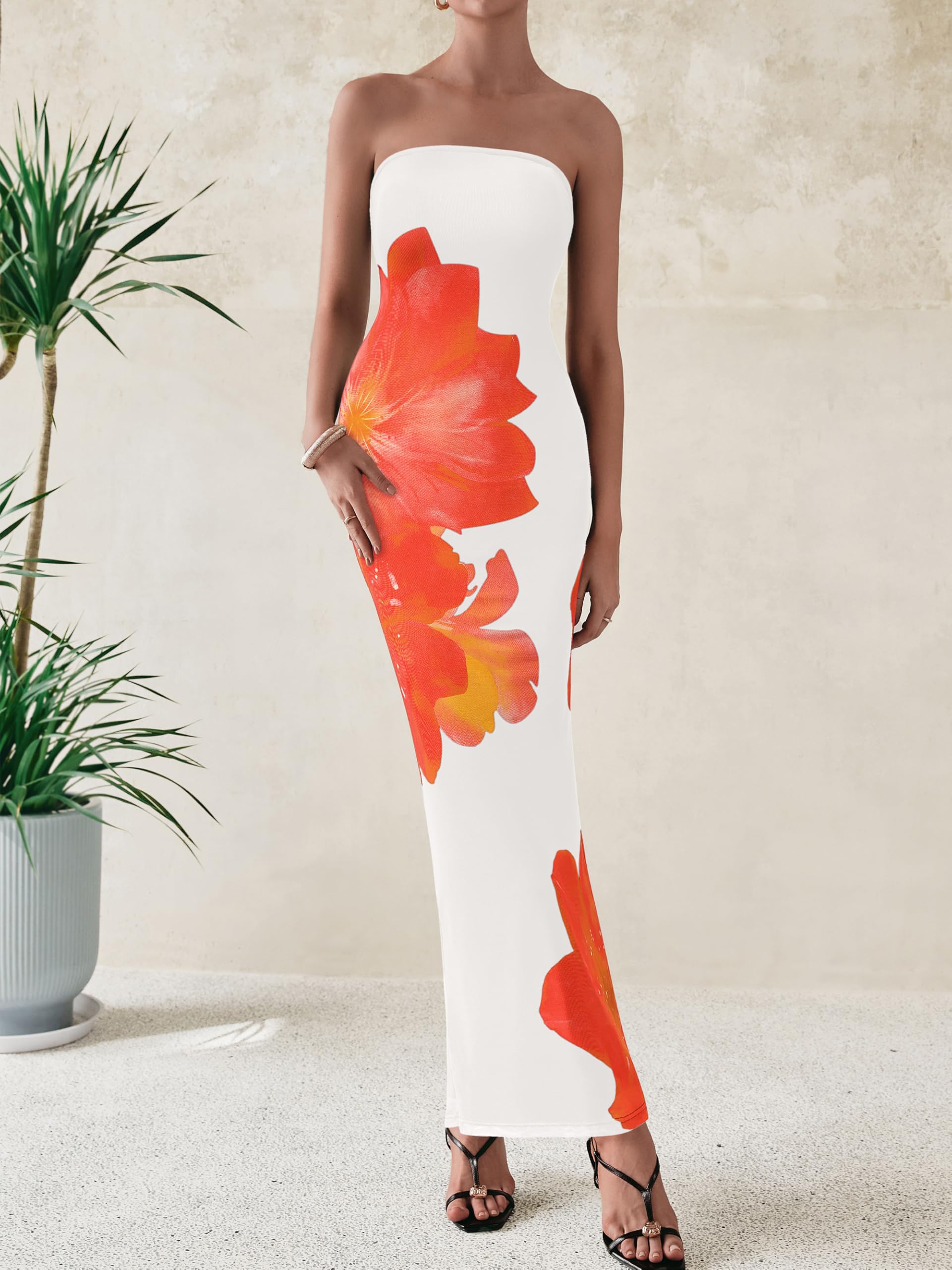Foto 5 | Vestido Largo Prettygarden Ajustado Sin Tirantes Con Estampado Floral Para Mujer - Venta Internacional.