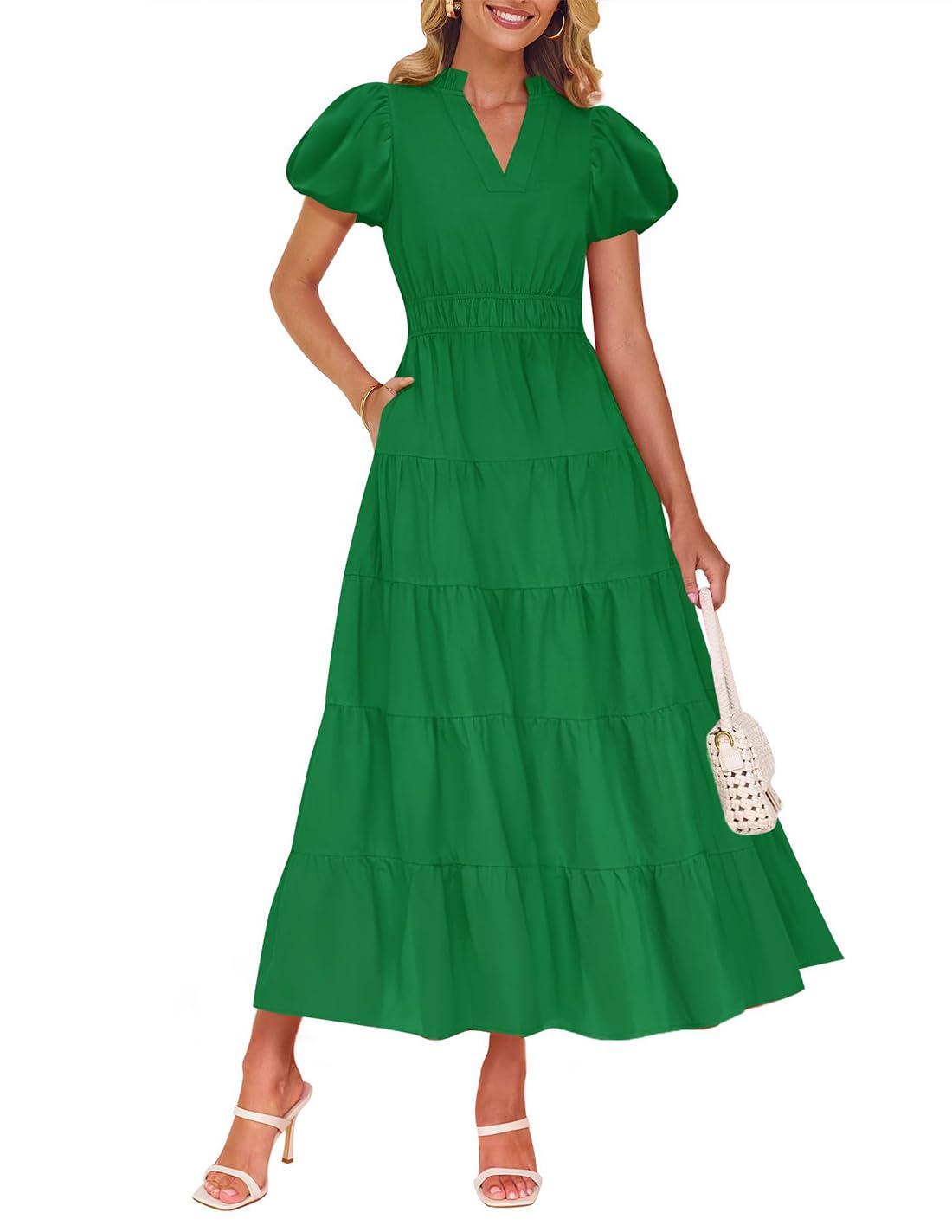 Foto 2 pulgar | Vestido Largo Zesica, Casual, De Verano, Cuello En V, Volantes, Verde - Venta Internacional.