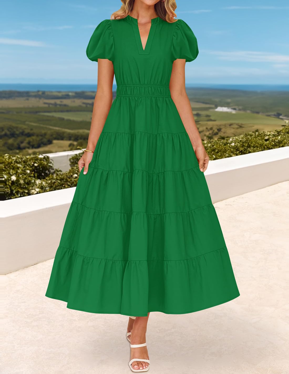 Foto 3 pulgar | Vestido Largo Zesica, Casual, De Verano, Cuello En V, Volantes, Verde - Venta Internacional.