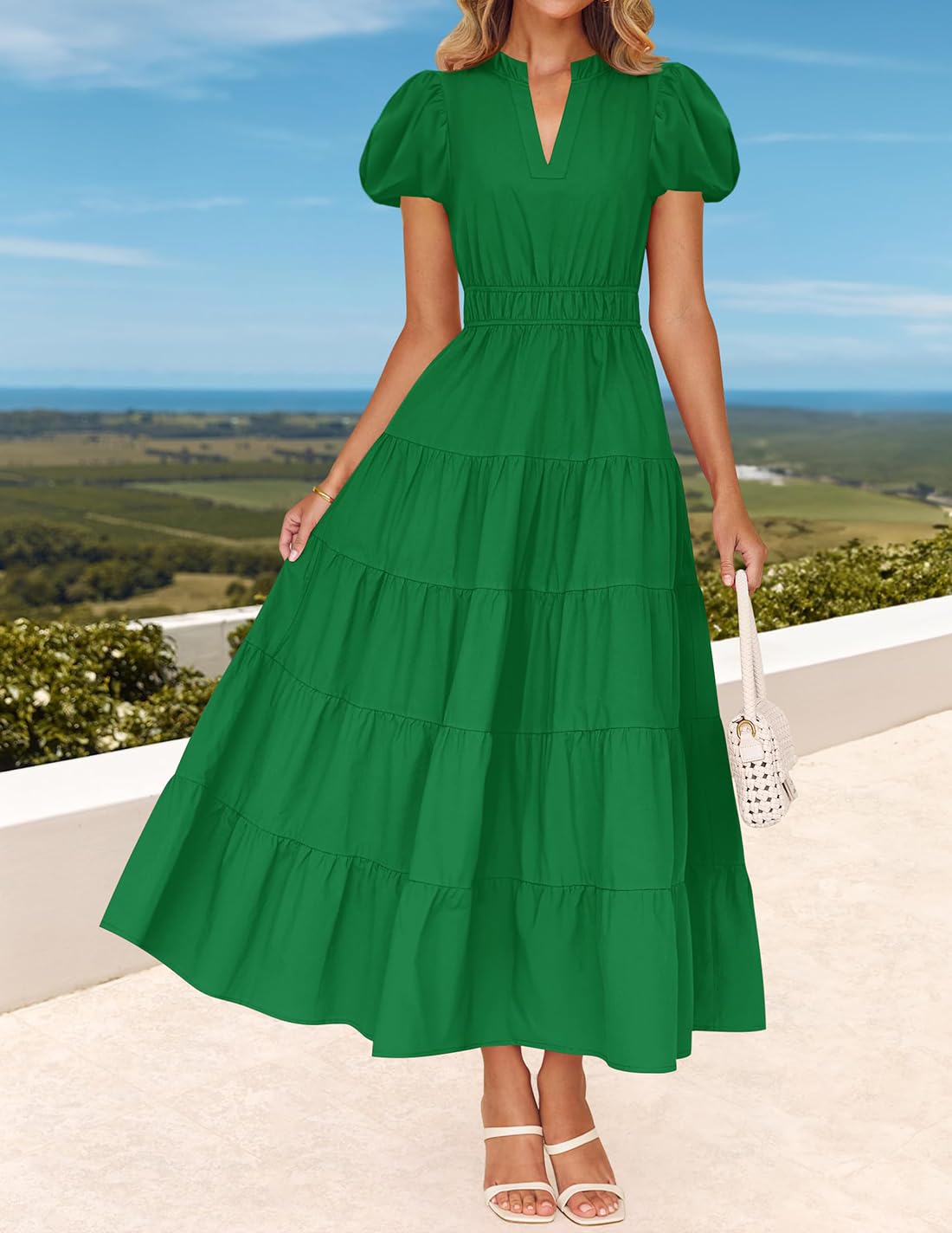 Foto 4 pulgar | Vestido Largo Zesica, Casual, De Verano, Cuello En V, Volantes, Verde - Venta Internacional.