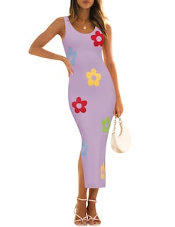 Foto 1 | Vestido Ajustado Zesica De Punto Floral Para Mujer, De Punto Floral, A Media Pierna, Morado - Venta Internacional.