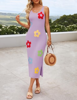 Foto 2 | Vestido Ajustado Zesica De Punto Floral Para Mujer, De Punto Floral, A Media Pierna, Morado - Venta Internacional.