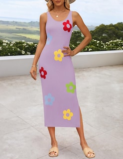 Foto 3 | Vestido Ajustado Zesica De Punto Floral Para Mujer, De Punto Floral, A Media Pierna, Morado - Venta Internacional.