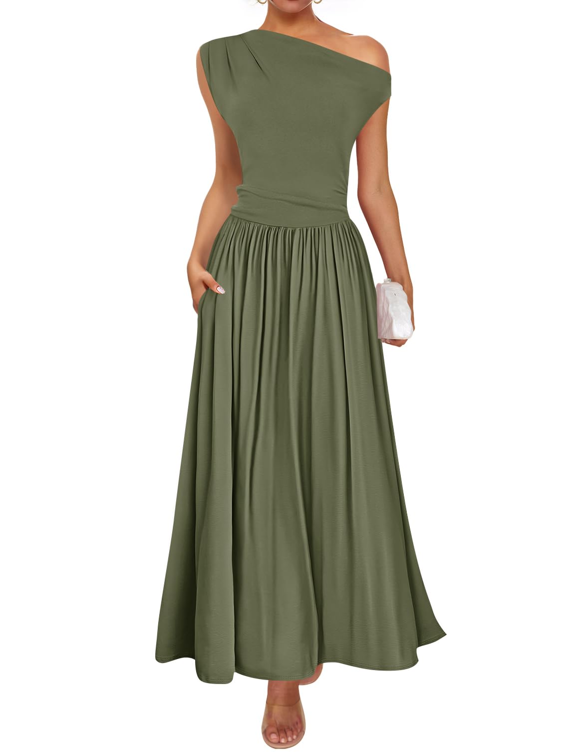 Foto 2 pulgar | Vestido Largo Zesica, Verano 2025, Con Un Solo Hombro, Verde Militar, Para Mujer - Venta Internacional.