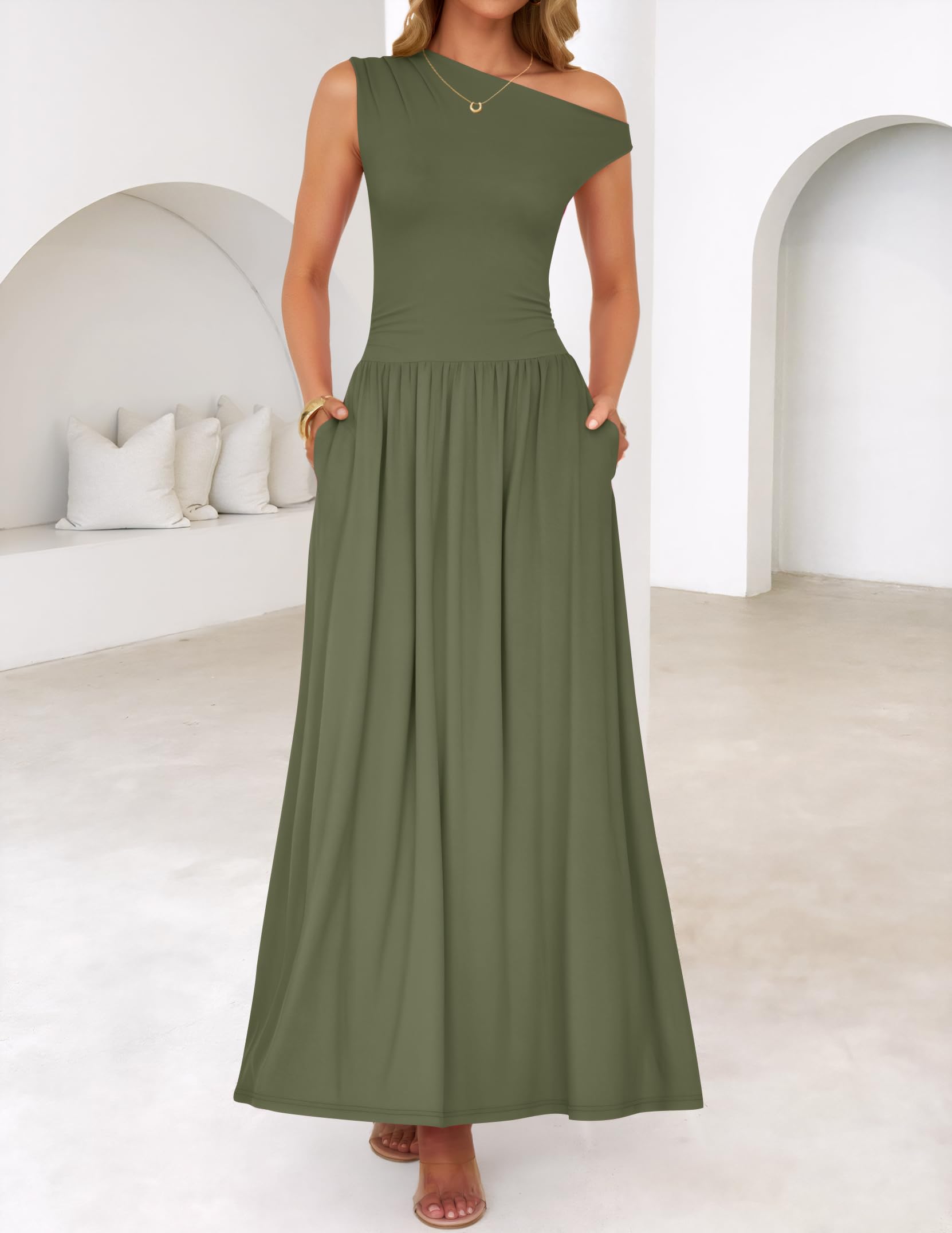 Foto 3 pulgar | Vestido Largo Zesica, Verano 2025, Con Un Solo Hombro, Verde Militar, Para Mujer - Venta Internacional.