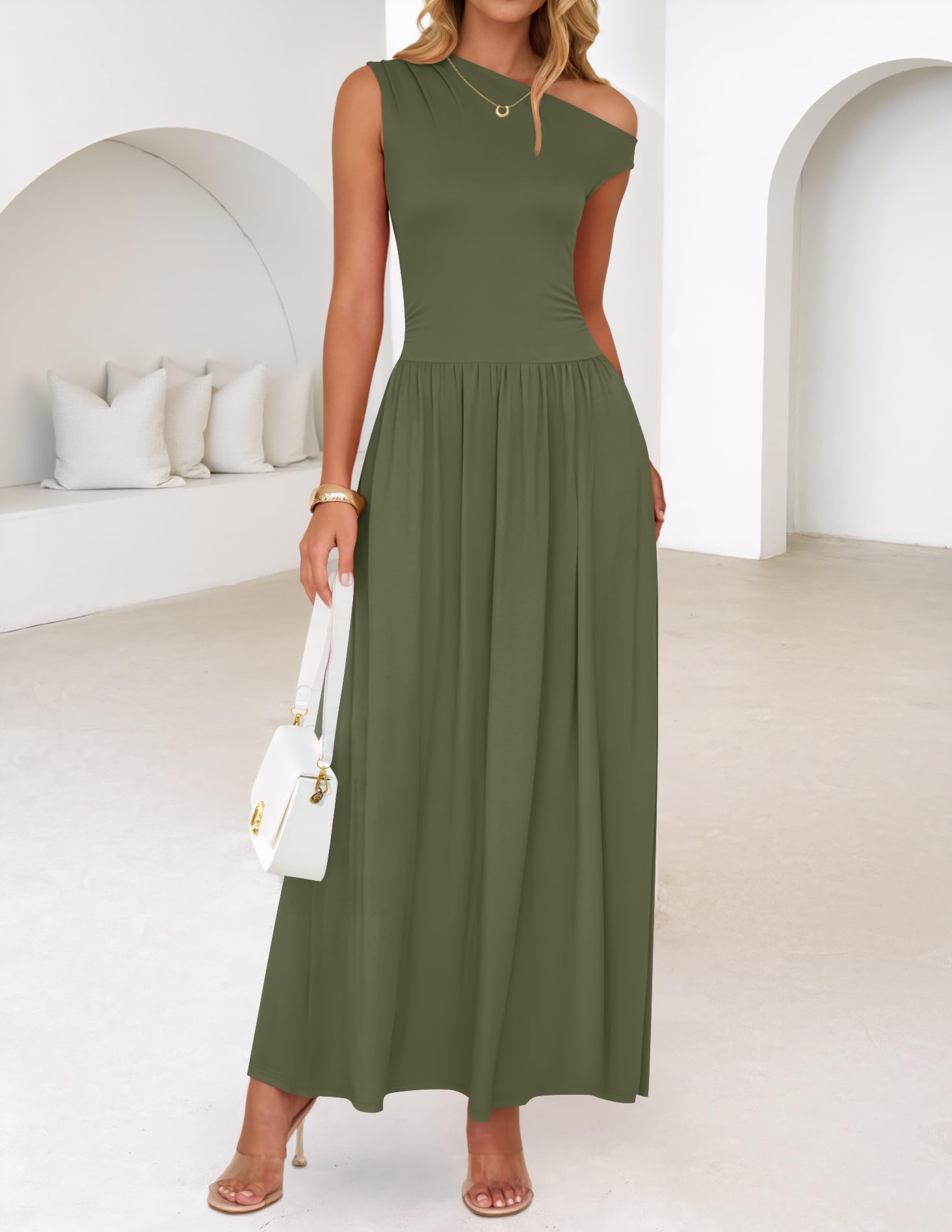 Foto 3 | Vestido Largo Zesica, Verano 2025, Con Un Solo Hombro, Verde Militar, Para Mujer - Venta Internacional.