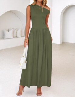 Foto 3 | Vestido Largo Zesica, Verano 2025, Con Un Solo Hombro, Verde Militar, Para Mujer - Venta Internacional.