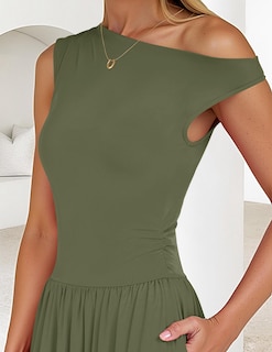 Foto 5 | Vestido Largo Zesica, Verano 2025, Con Un Solo Hombro, Verde Militar, Para Mujer - Venta Internacional.