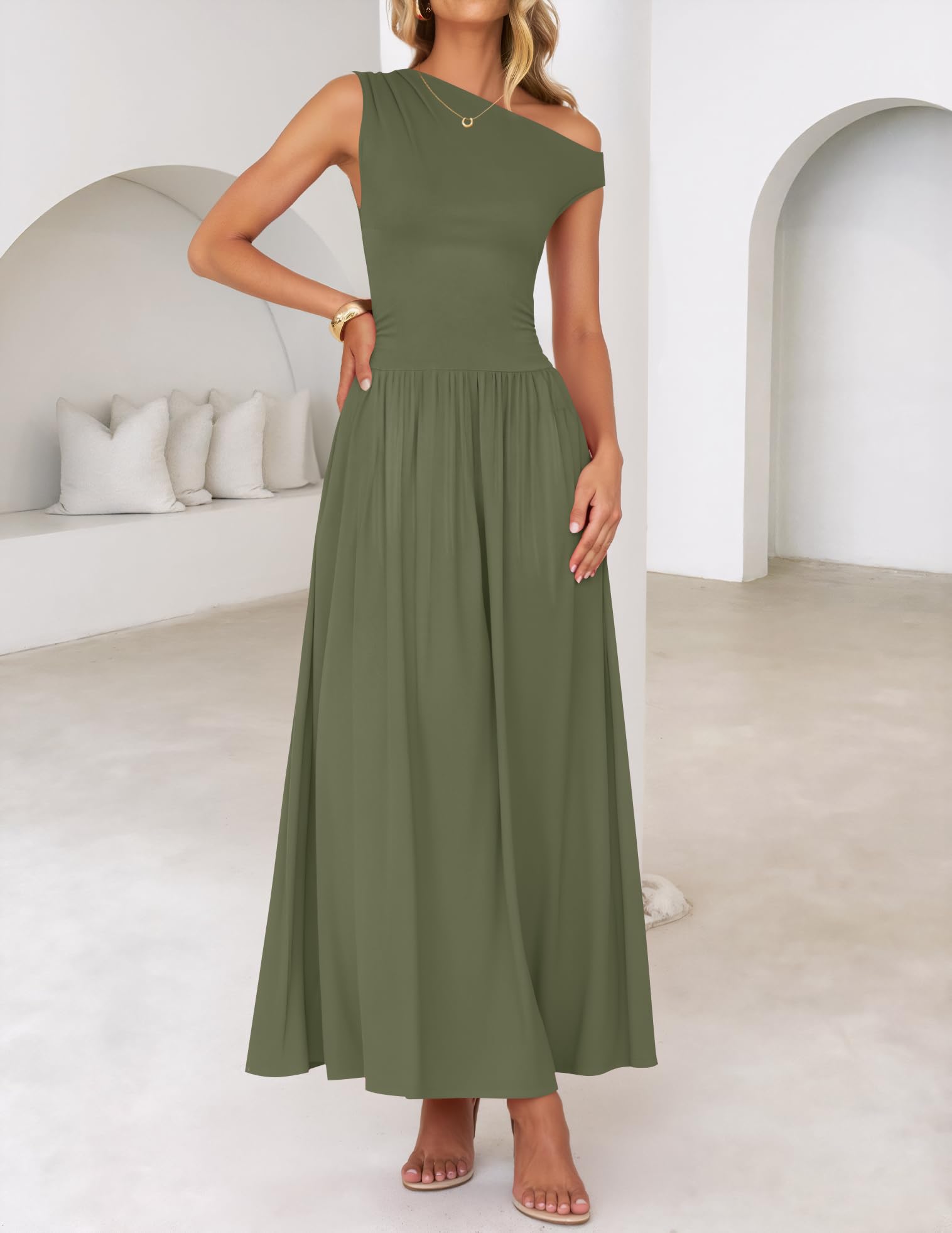 Foto 7 pulgar | Vestido Largo Zesica, Verano 2025, Con Un Solo Hombro, Verde Militar, Para Mujer - Venta Internacional.