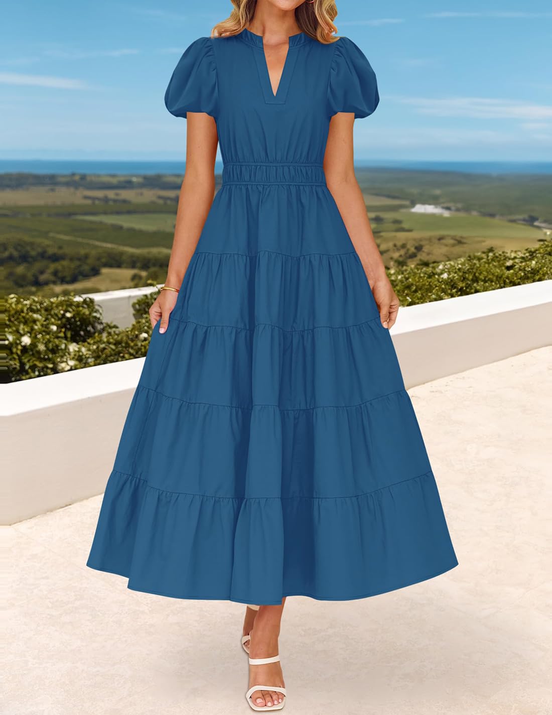 Foto 2 | Vestido Largo Zesica Casual De Verano Con Cuello En V Y Volantes Escalonados Para Mujer - Venta Internacional.