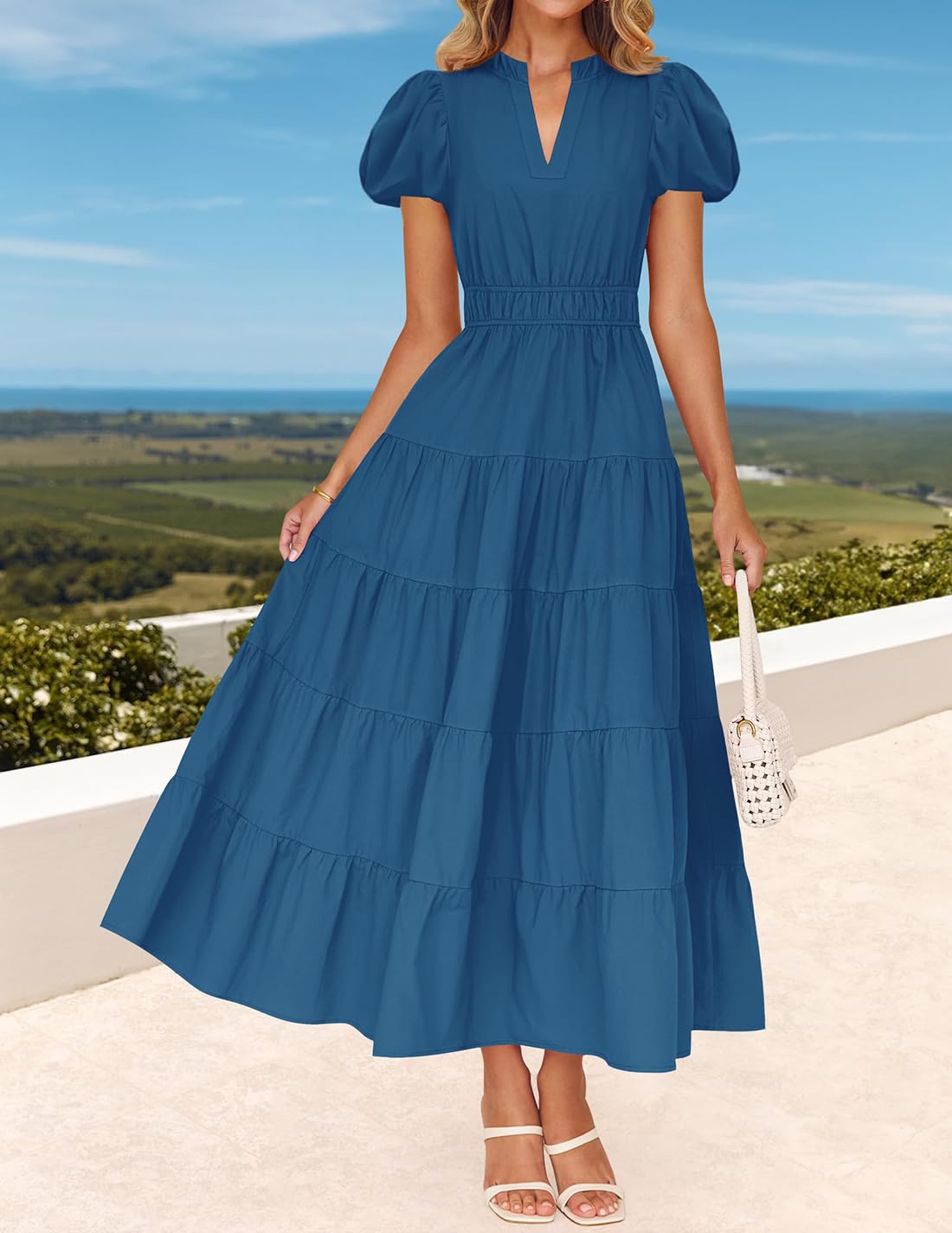 Foto 4 pulgar | Vestido Largo Zesica Casual De Verano Con Cuello En V Y Volantes Escalonados Para Mujer - Venta Internacional.