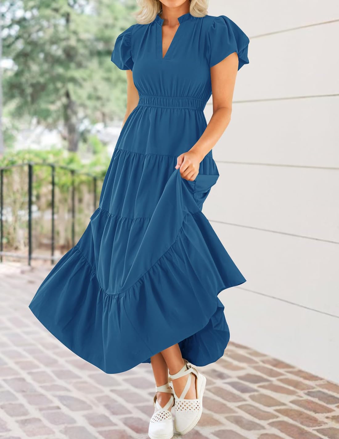 Foto 7 pulgar | Vestido Largo Zesica Casual De Verano Con Cuello En V Y Volantes Escalonados Para Mujer - Venta Internacional.