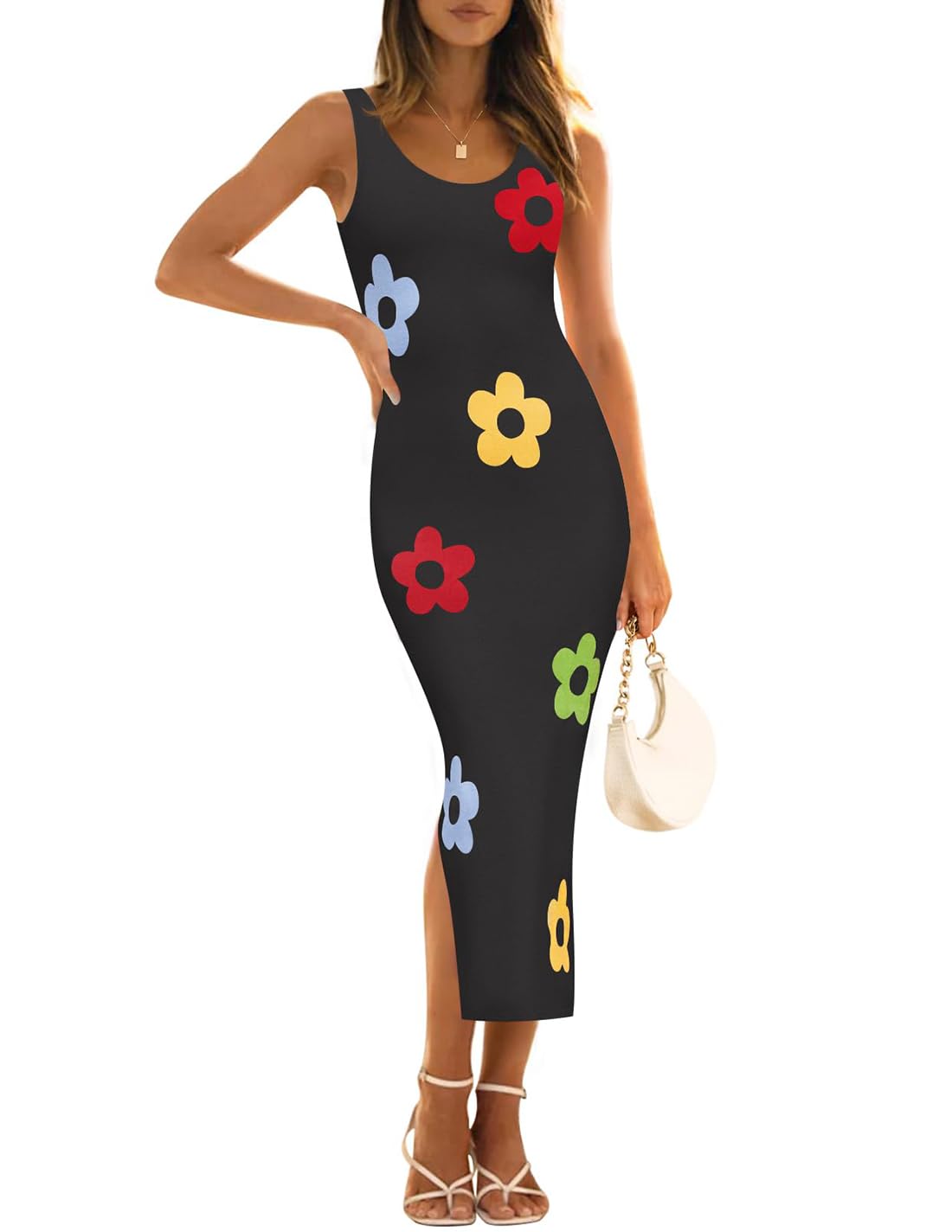 Foto 2 pulgar | Vestido Ajustado De Verano Zesica, De Punto Floral, Midi, Negro, Negro, Para Mujer - Venta Internacional.