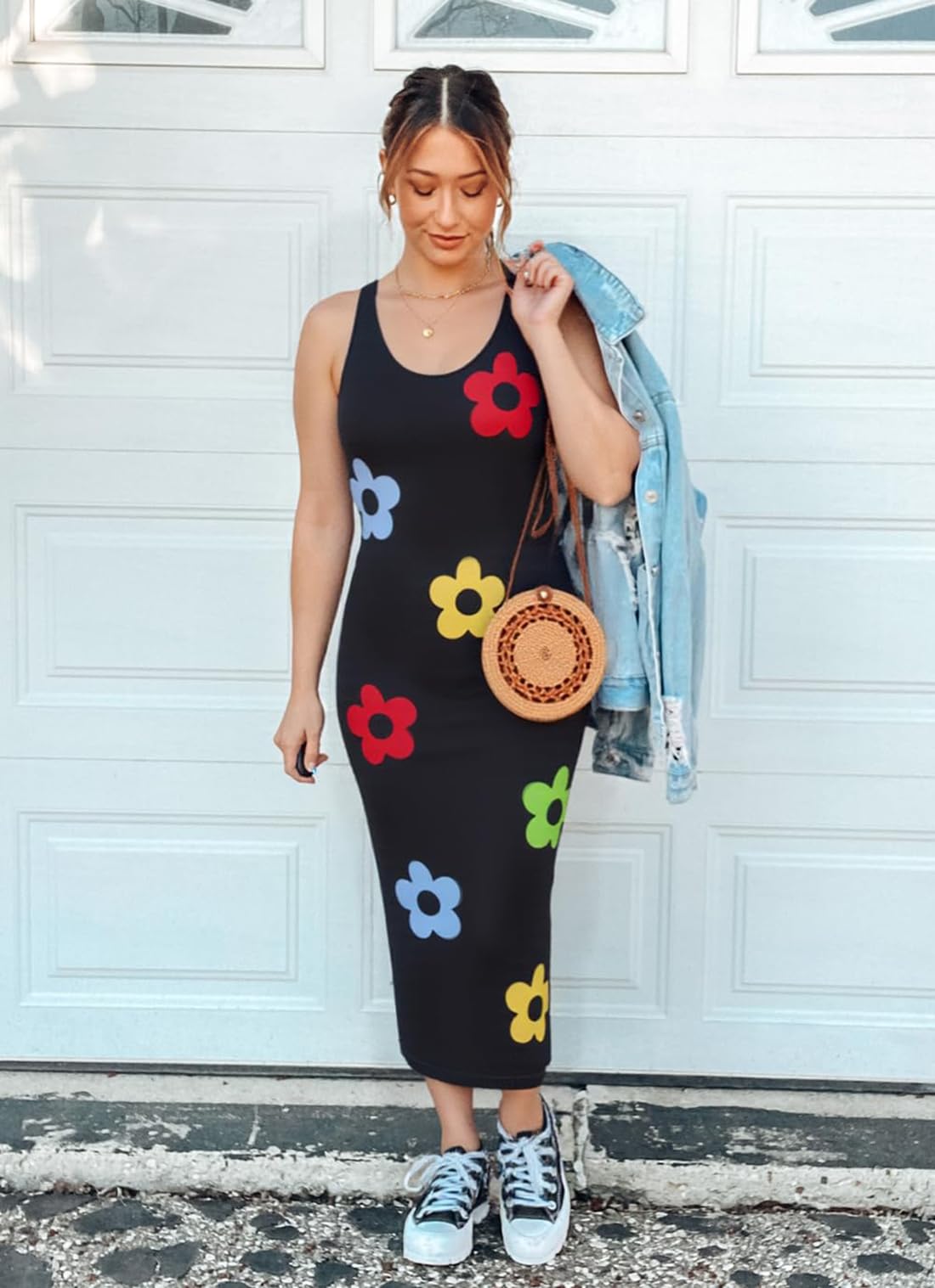Foto 6 pulgar | Vestido Ajustado De Verano Zesica, De Punto Floral, Midi, Negro, Negro, Para Mujer - Venta Internacional.