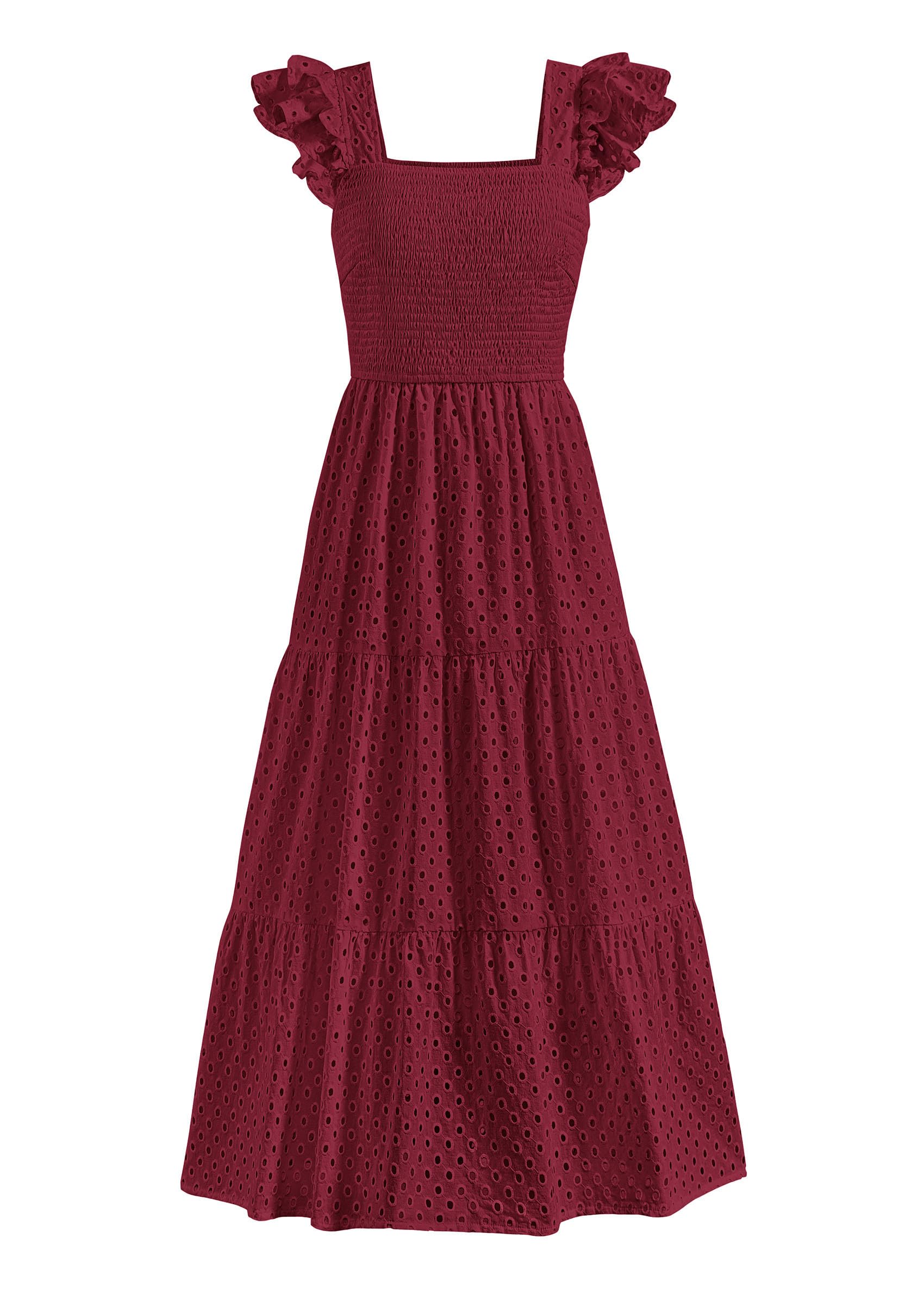Vestido Largo Prettygarden Para Mujer Con Cuello Cuadrado Y Ojales, Color Rojo Vino - Venta Internacional.