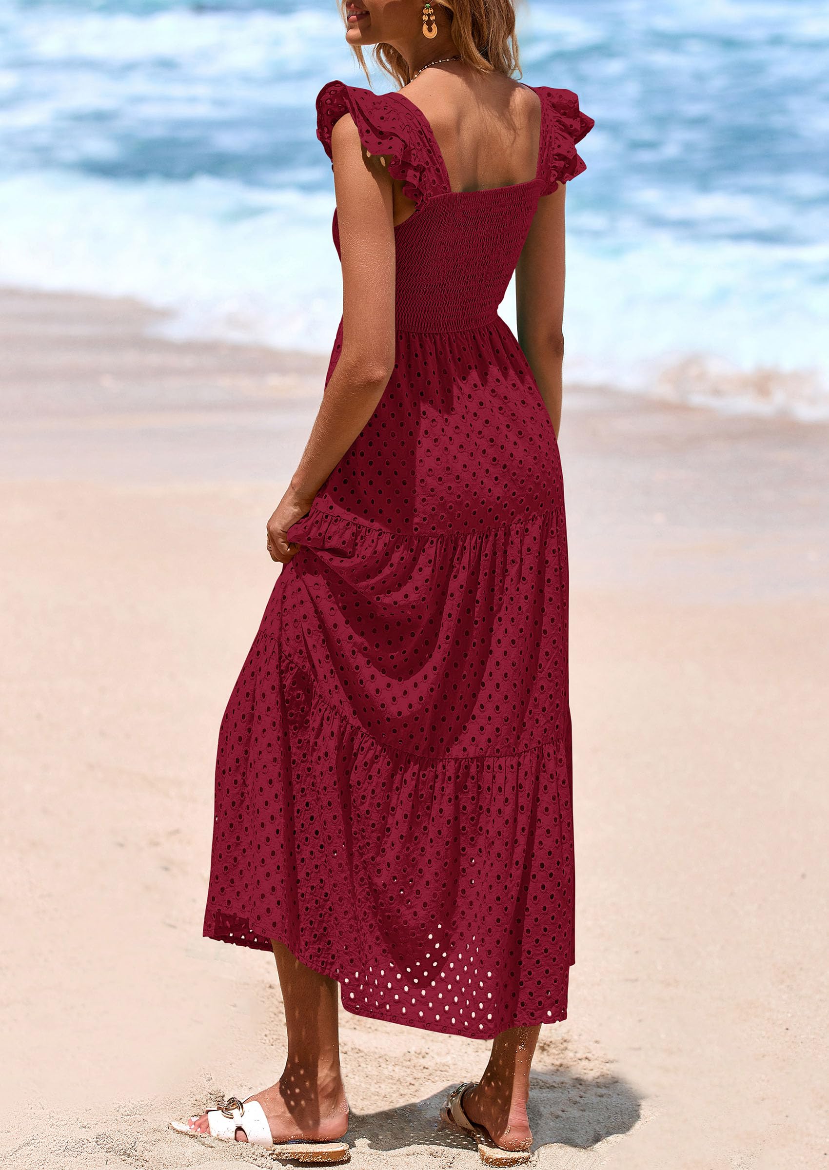 Foto 3 pulgar | Vestido Largo Prettygarden Para Mujer Con Cuello Cuadrado Y Ojales, Color Rojo Vino - Venta Internacional.