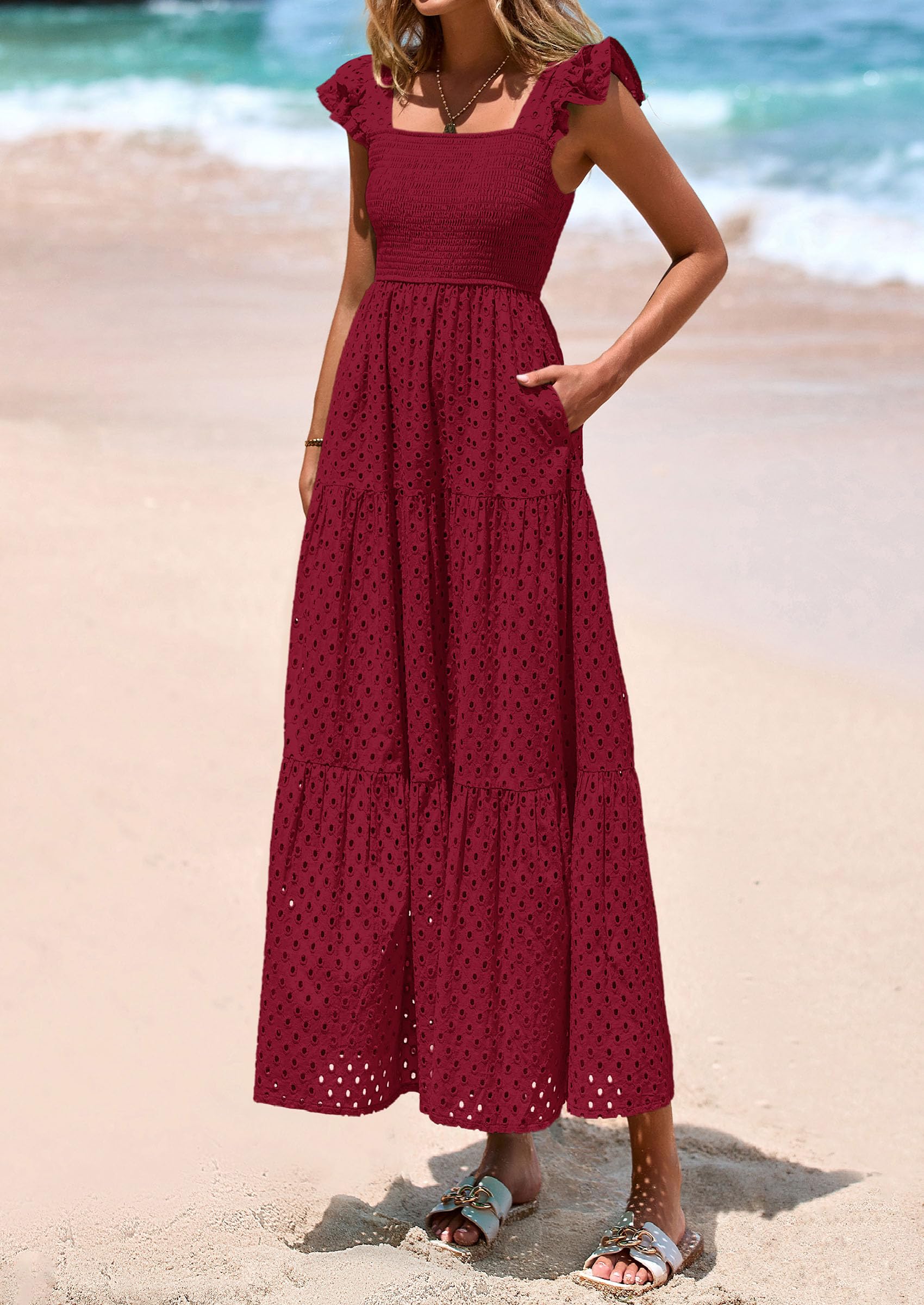 Foto 4 pulgar | Vestido Largo Prettygarden Para Mujer Con Cuello Cuadrado Y Ojales, Color Rojo Vino - Venta Internacional.