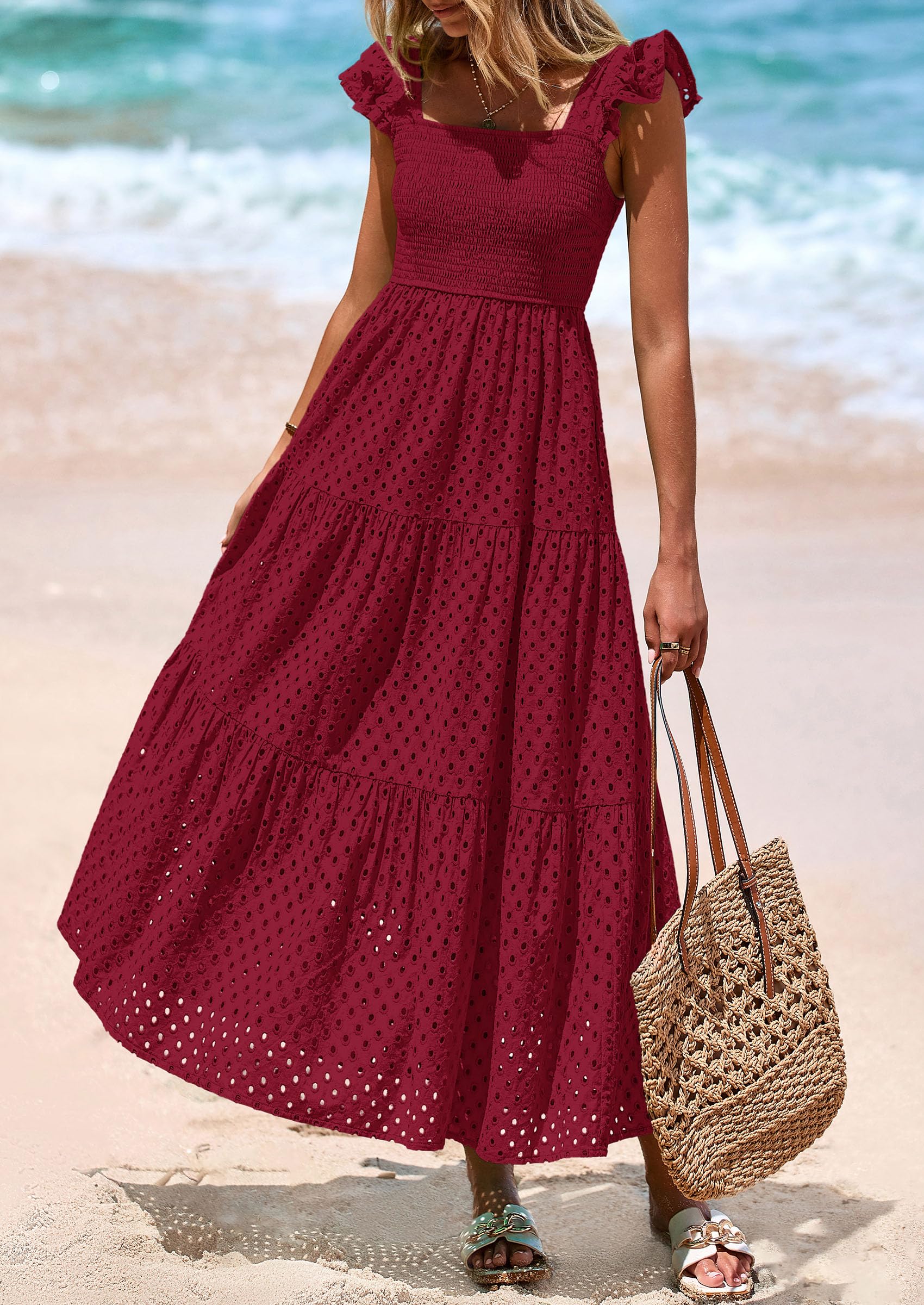 Foto 5 pulgar | Vestido Largo Prettygarden Para Mujer Con Cuello Cuadrado Y Ojales, Color Rojo Vino - Venta Internacional.