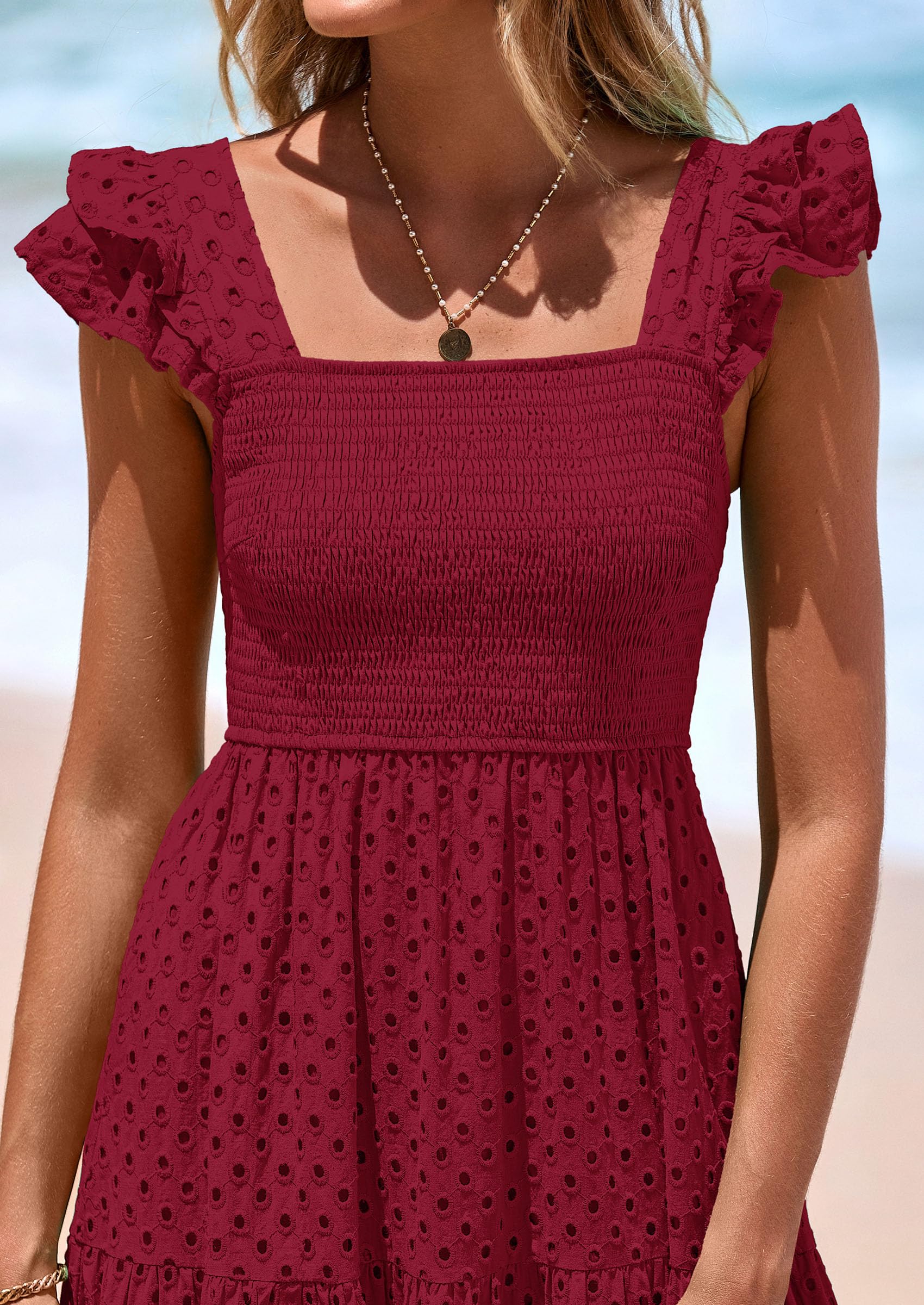 Foto 6 pulgar | Vestido Largo Prettygarden Para Mujer Con Cuello Cuadrado Y Ojales, Color Rojo Vino - Venta Internacional.