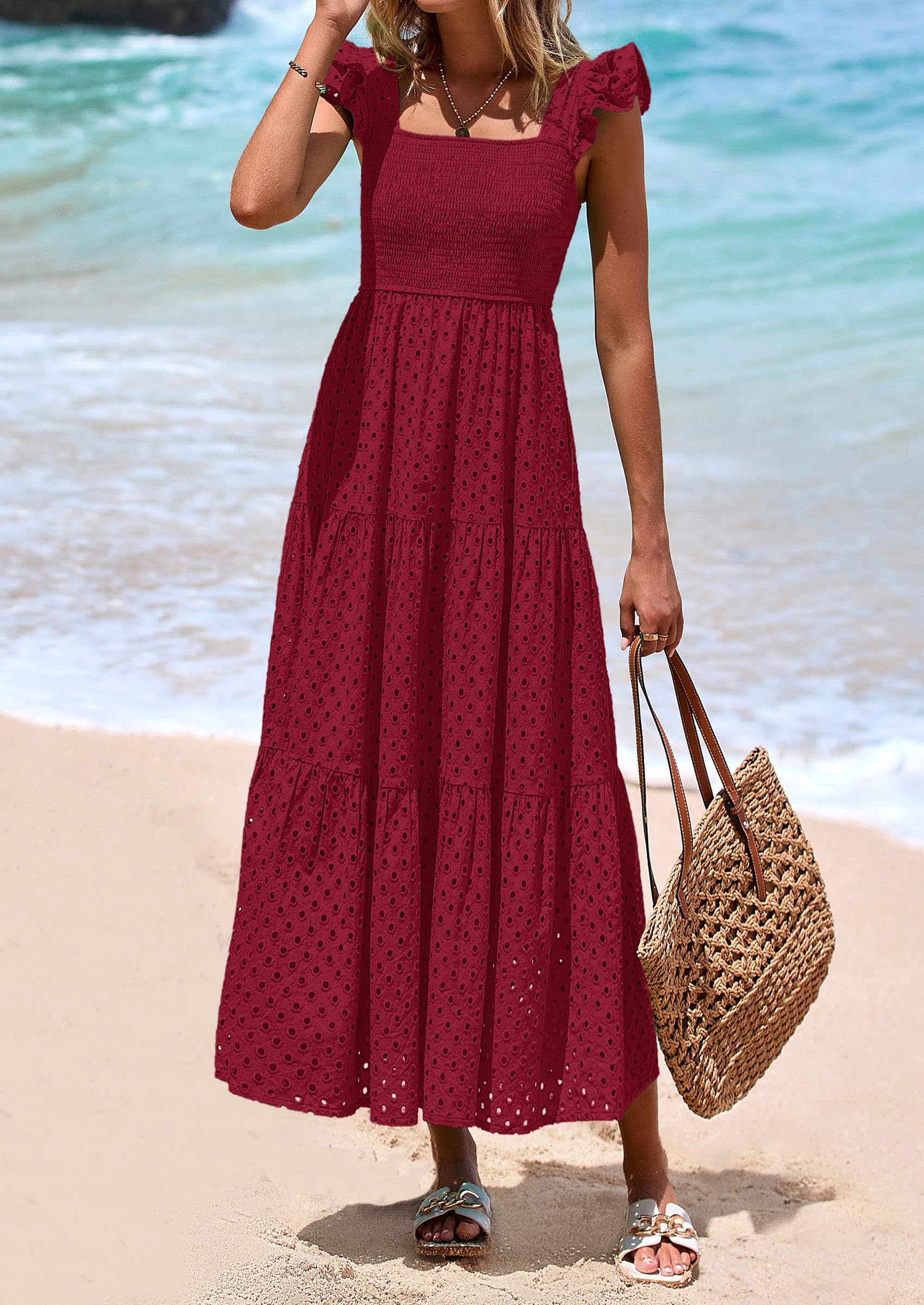 Foto 8 pulgar | Vestido Largo Prettygarden Para Mujer Con Cuello Cuadrado Y Ojales, Color Rojo Vino - Venta Internacional.