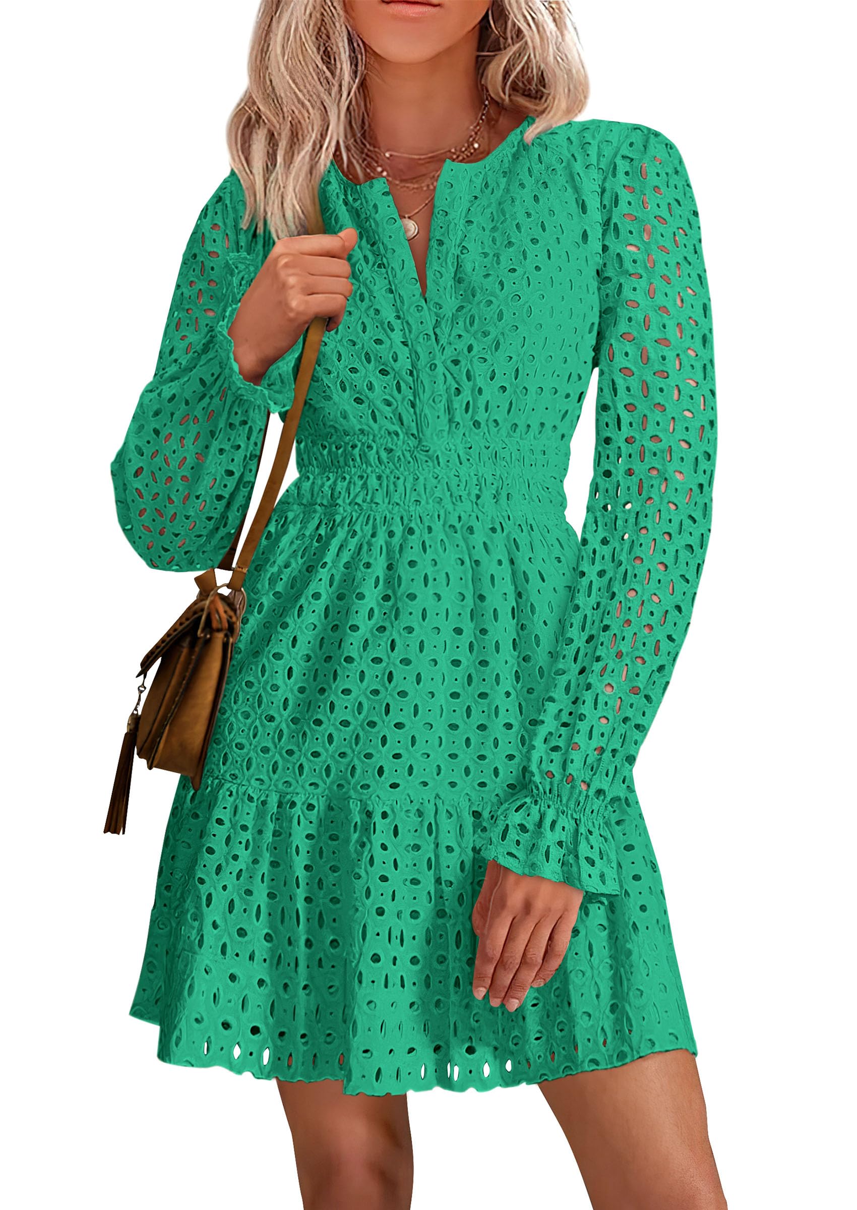 Minivestido Prettygarden 2025, Manga Larga, Cuello En V, Línea A, Verde - Venta Internacional.