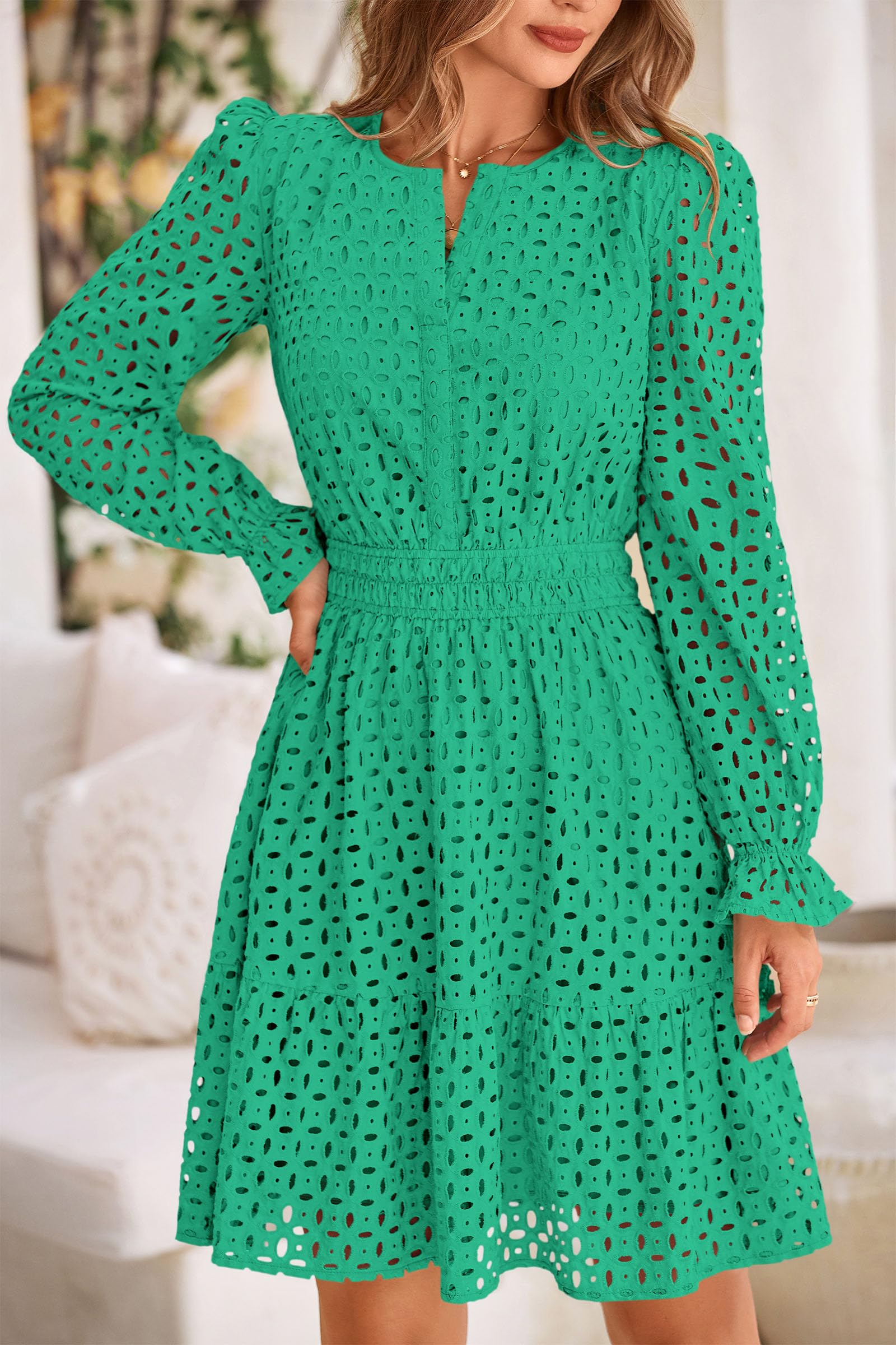 Foto 5 pulgar | Minivestido Prettygarden 2025, Manga Larga, Cuello En V, Línea A, Verde - Venta Internacional.