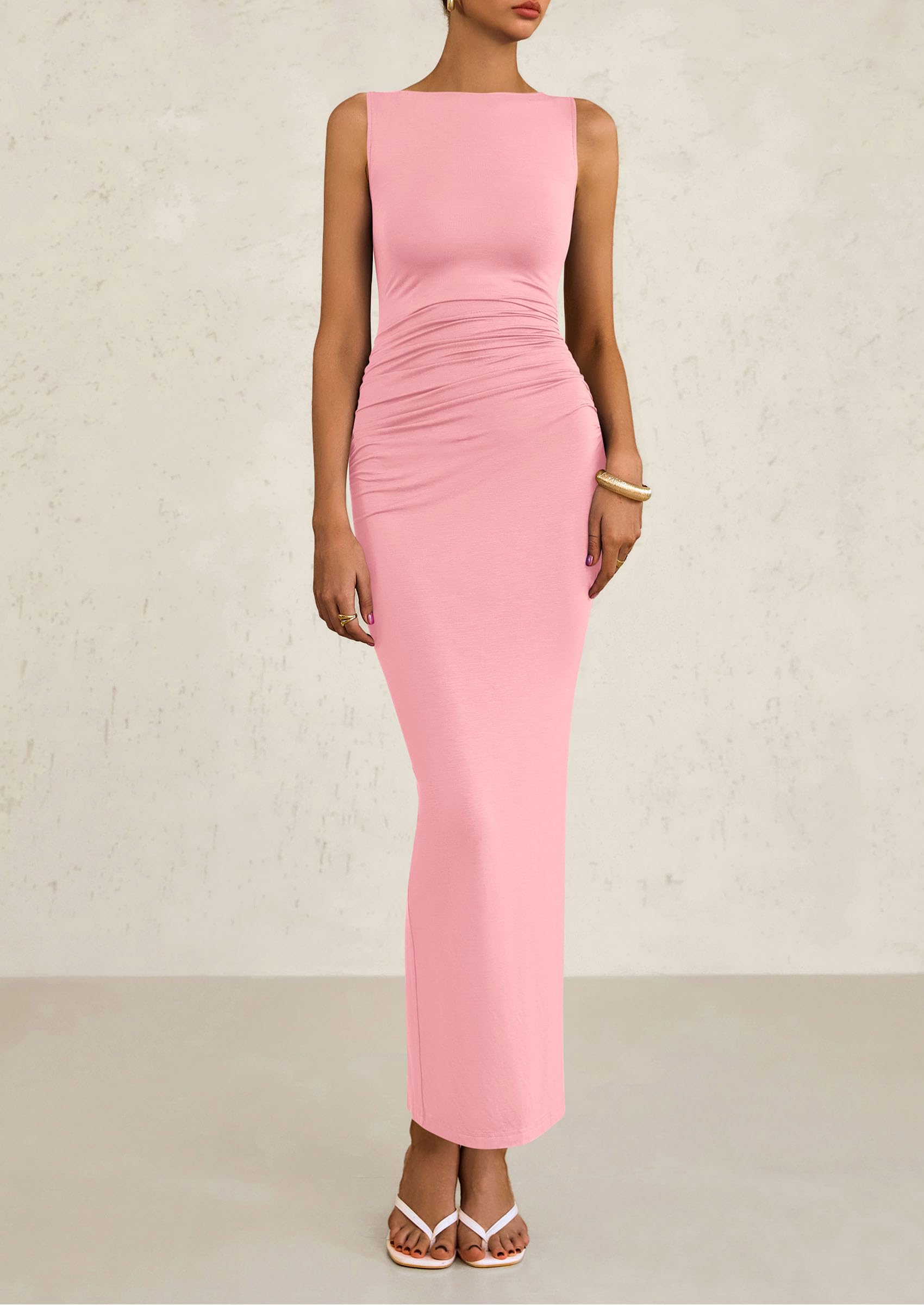 Foto 4 pulgar | Vestido Midi Prettygarden 2025, Verano, Sin Mangas, Rosa Fruncido - Venta Internacional.