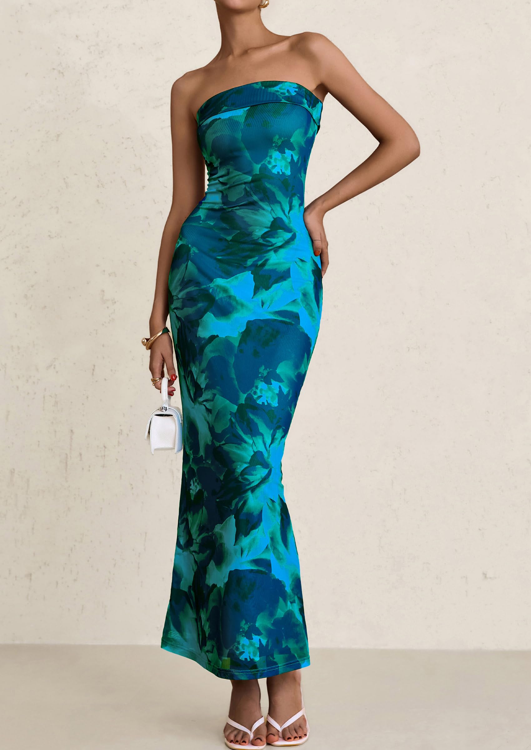 Foto 4 pulgar | Vestido Largo Prettygarden Para Mujer, Ajustado Sin Tirantes, Azul S - Venta Internacional.