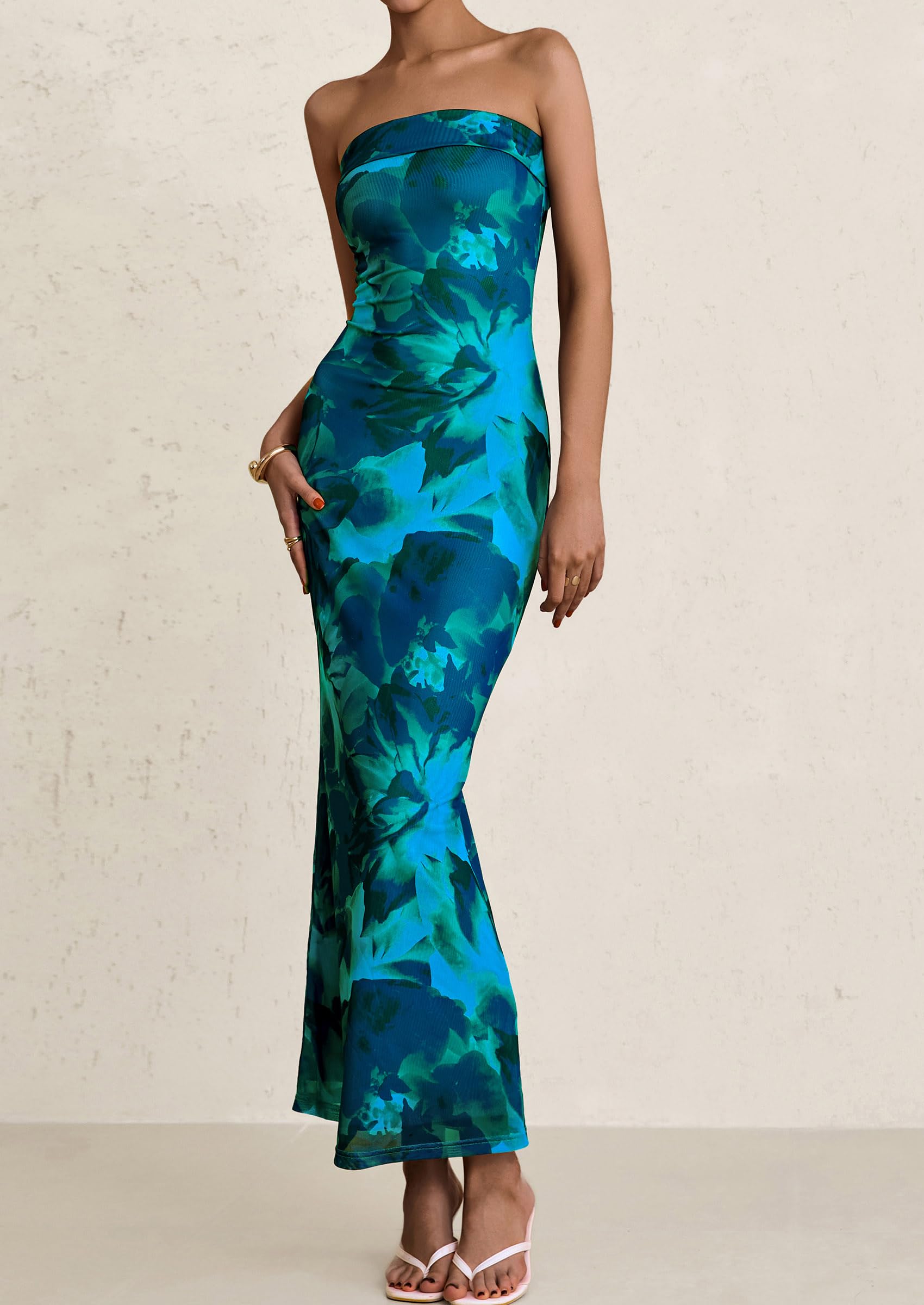 Foto 6 pulgar | Vestido Largo Prettygarden Para Mujer, Ajustado Sin Tirantes, Azul S - Venta Internacional.