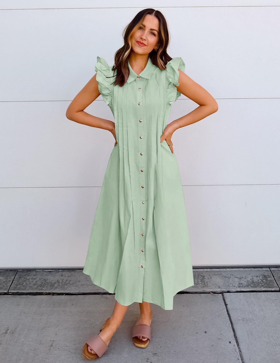 Foto 5 | Vestido Zesica 2025 Para Verano, Bohemio, Con Botones, Cuello En V, Cuello En V, Color Salvia - Venta Internacional.