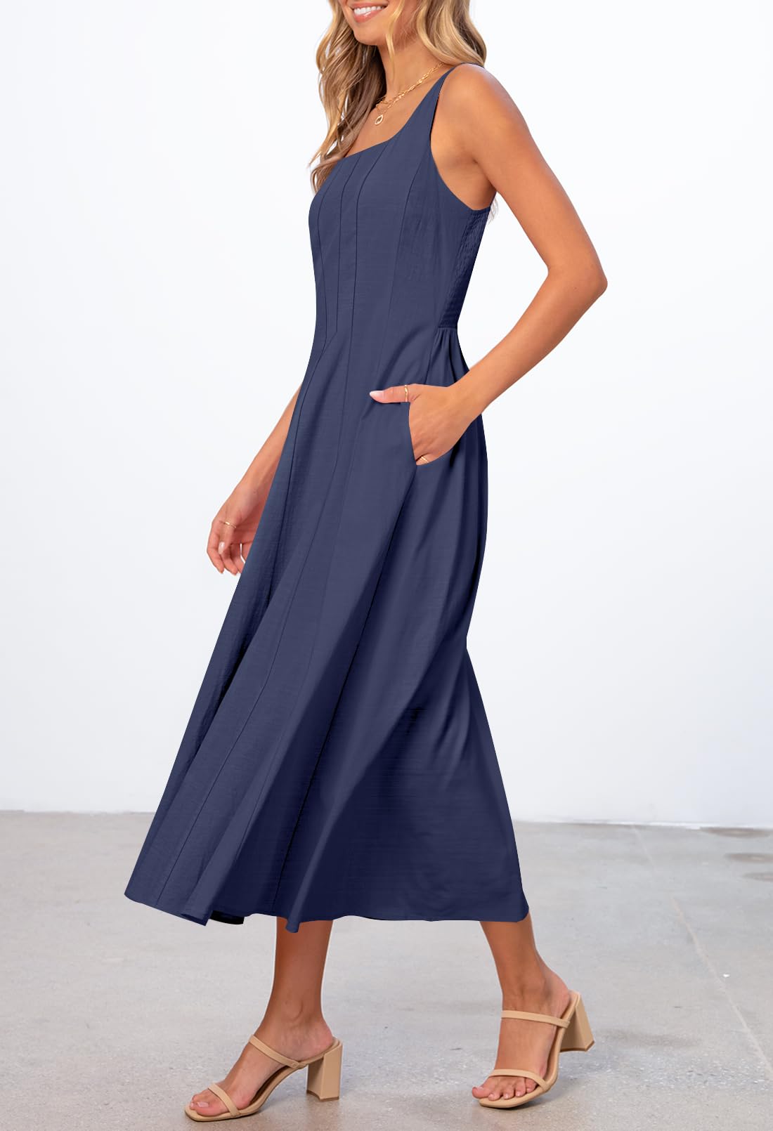 Foto 3 pulgar | Vestido Merokeety Para Mujer 2025, Verano, Sin Mangas, Midi, Azul Marino - Venta Internacional.