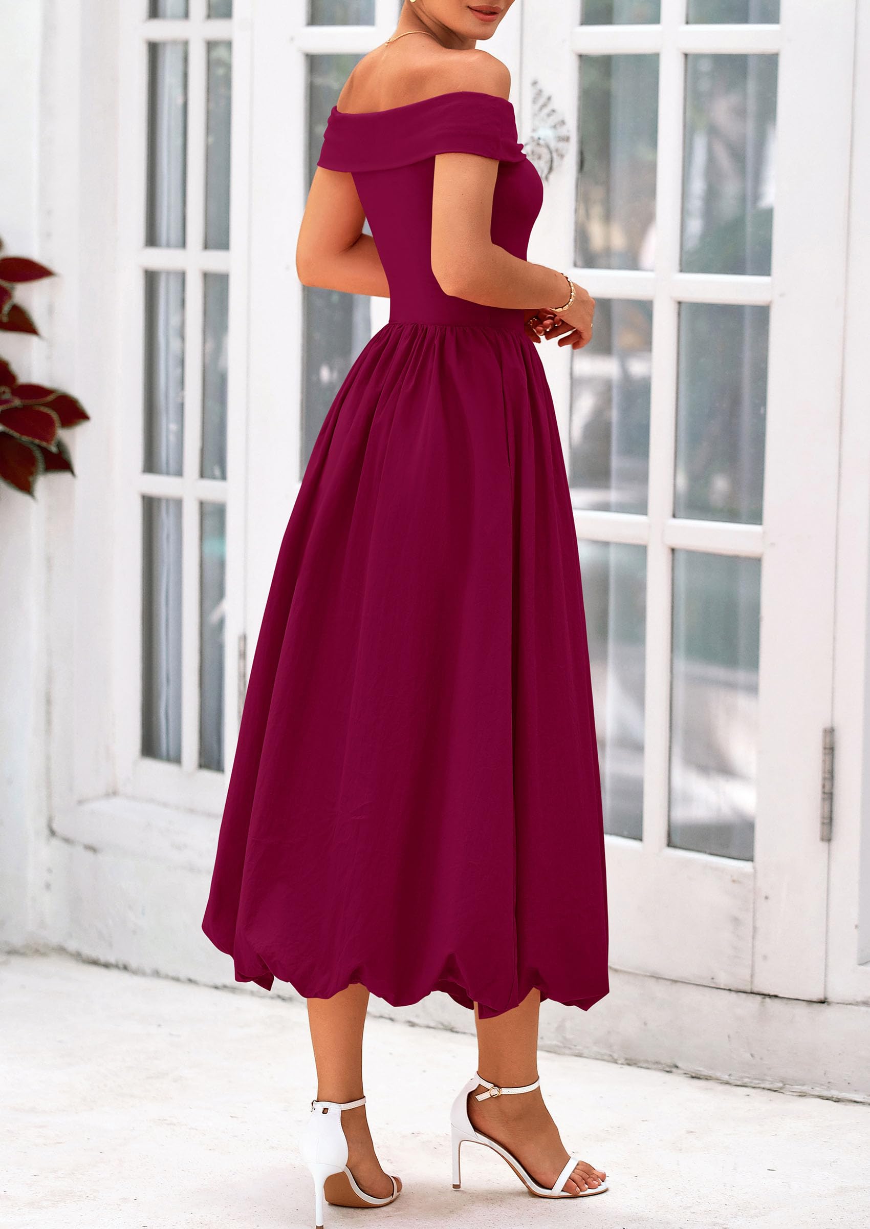 Foto 3 pulgar | Vestido Prettygarden De Verano Con Hombros Descubiertos Para Mujer, Color Rojo Vino - Venta Internacional.