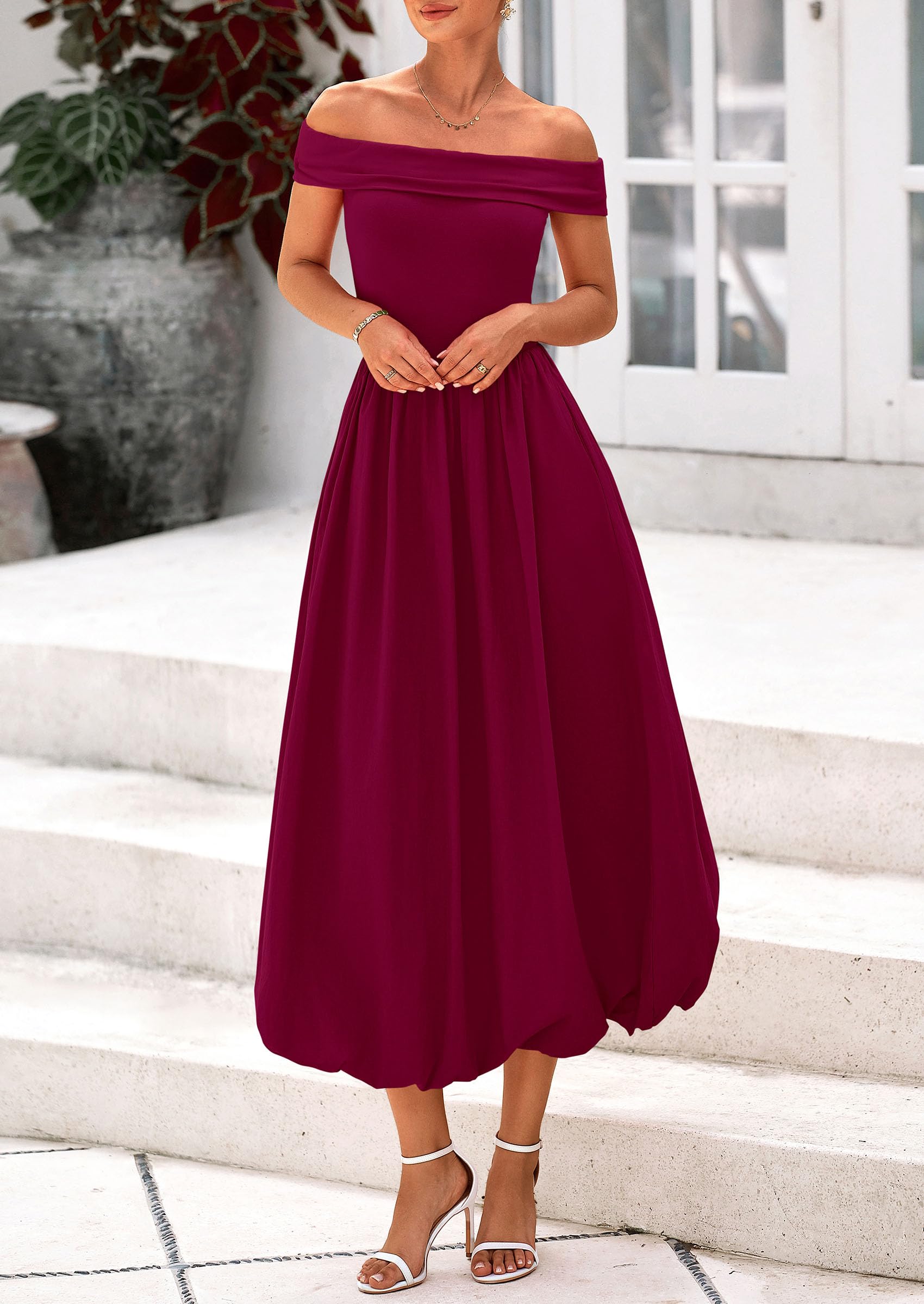 Foto 4 pulgar | Vestido Prettygarden De Verano Con Hombros Descubiertos Para Mujer, Color Rojo Vino - Venta Internacional.
